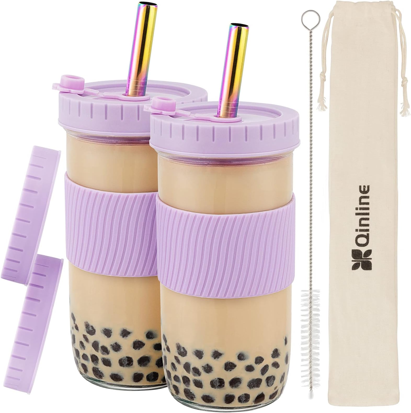 Reusable Glass Mason Jars Cups with Lids and Straws Silicone Sleeves, 2 Pack 24Oz Wide Mouth Smoothie Cups Glass Bubble Tea Cup, Leakproof drinking glasses Water Bottle Travel Tumbler for Large Pearl