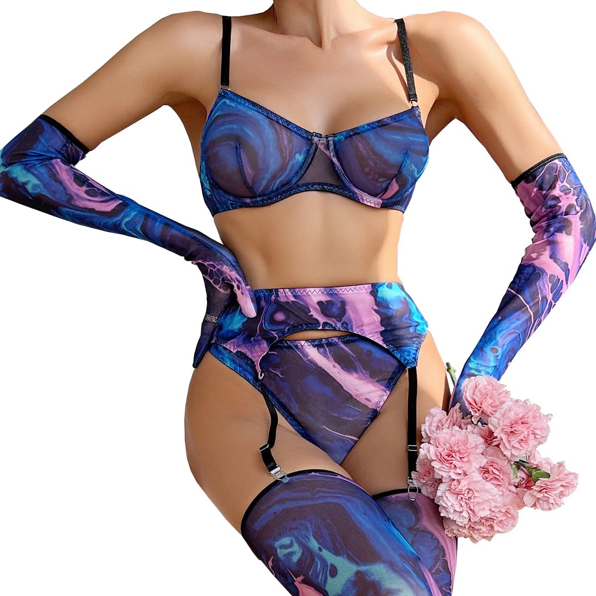 SNOMYRS Women Garter Belt And Thigh Highs Set Mesh Starry Graphic Print Rave Outfits Bikini Sexy Lingerie Bra And Panty