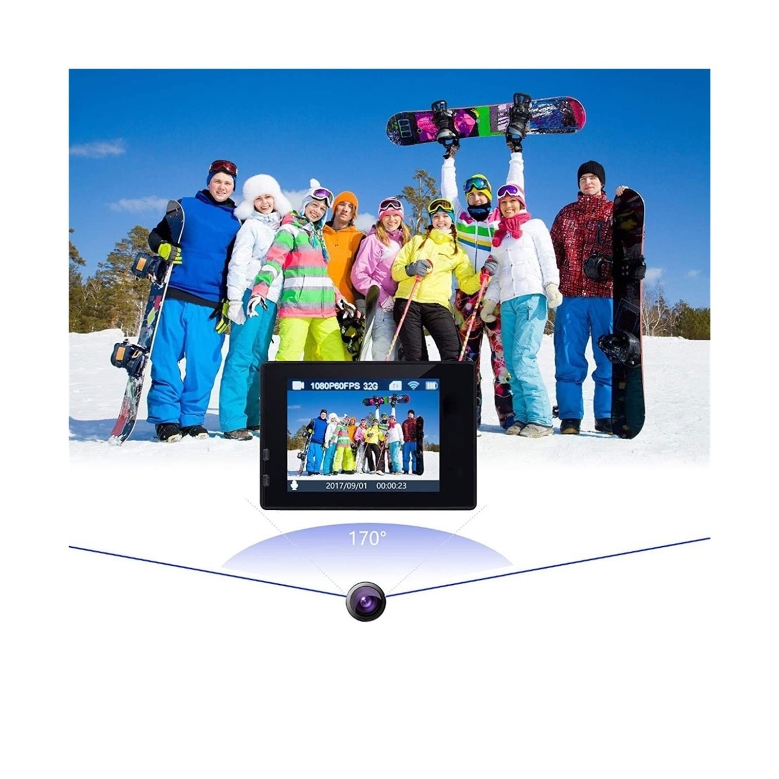 Kamera akcji, Kamera podwodna Ultra HD, H9R 4K Pilot Sportowe nagrywanie wideo DVR DV Wodoodporna Pro Mini Kask Zestaw akcesoriów do aparatu(Nero)