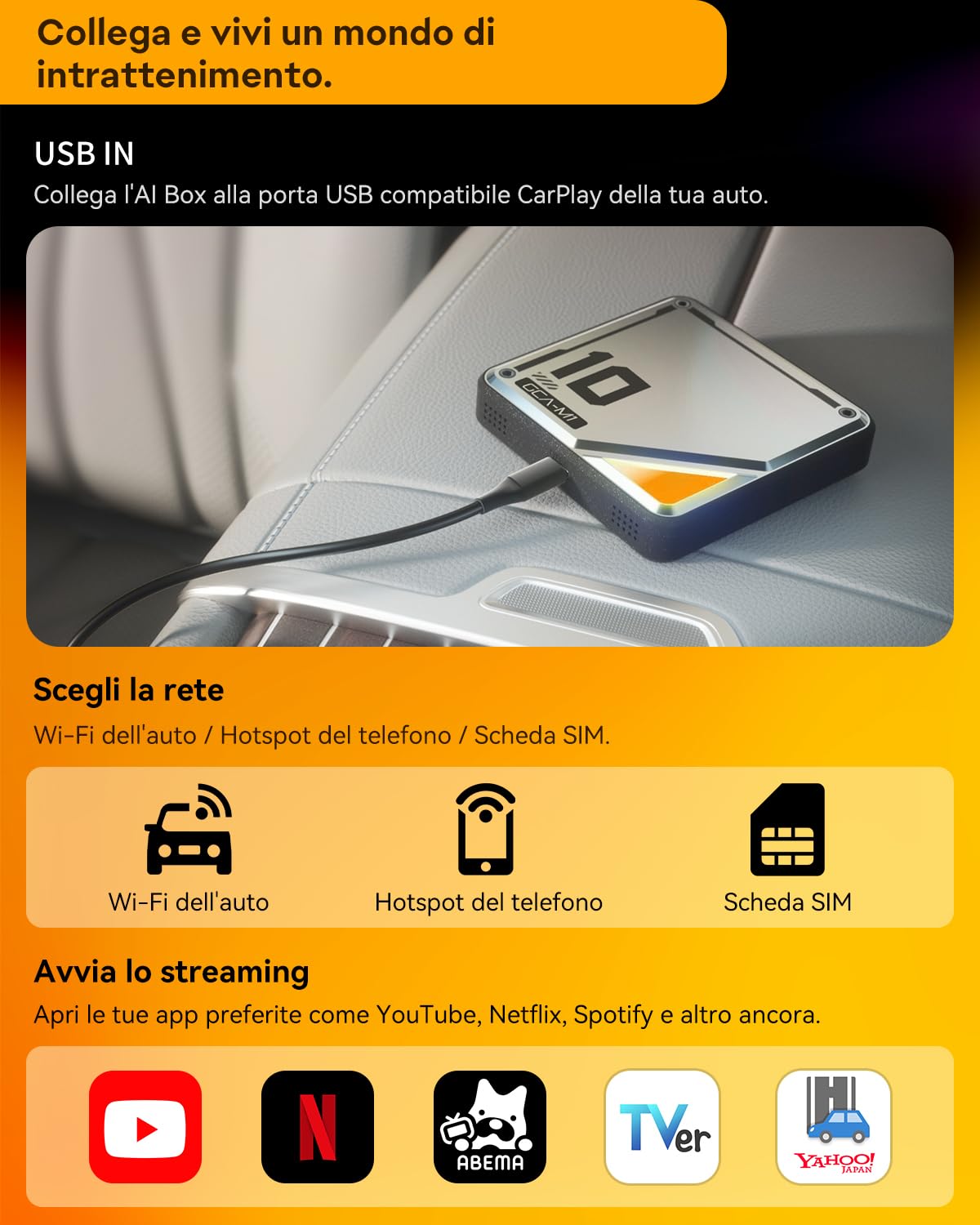 YolanAuto AI Box 2025 per auto con Android 13, CarPlay wireless & Android Auto, 8-core Qualcomm, YouTube/Netflix/Google Play Store, OTA Update – Solo per auto con CarPlay cablato