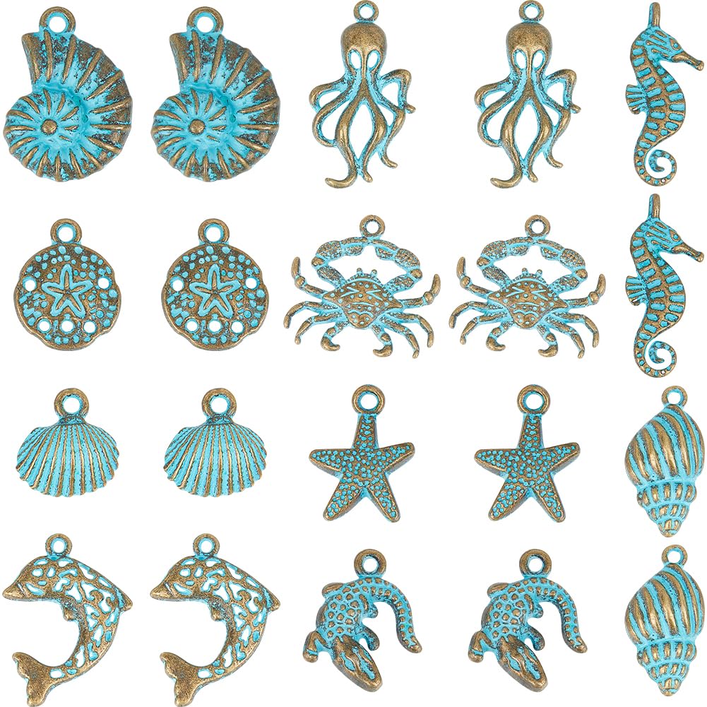 SUNNYCLUE 1 Box 40Pcs 10 Styles Ocean Theme Charm Sea Life Charms Bulk Antique Bronze Turquoise Color Ocean Animal Vintage Summer Charm for Jewelry Making Charms Supplies DIY Necklace Bracelet Earring