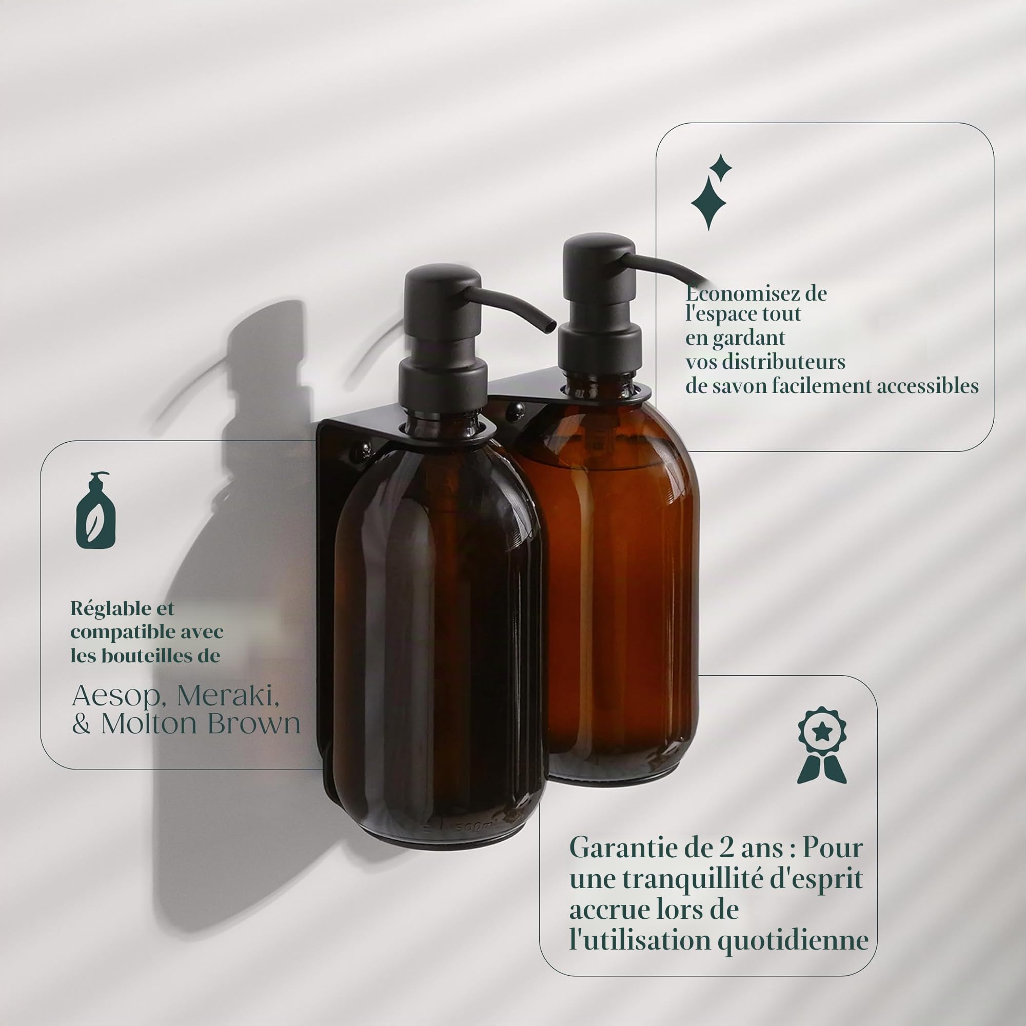 Support Mural pour Distributeur de Savon Noir Kuishi, Porte-Bouteille de Savon 250-500 ML, Double Noir, résistant à la Corrosion et aux Marques, décoration, Bouteilles Non incluses.