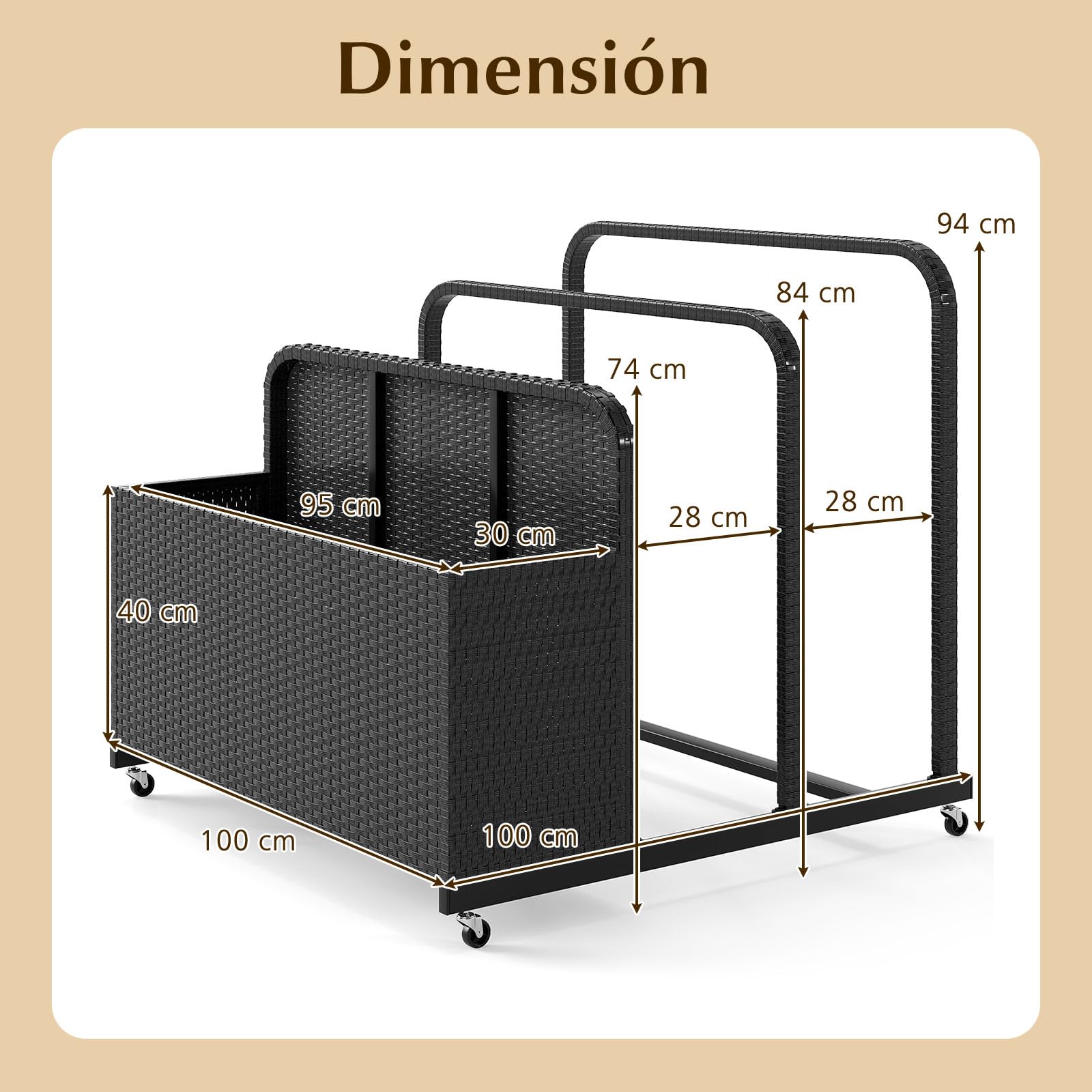 COSTWAY Baul Almacenaje para Flotadores de Piscina, Arcon Jardin Exterior con Ruedas para Flotadores, Armario Mimbre Impermeable, Muebles Patio Jardin Terraza, 100 x 100 x 94cm (negro)