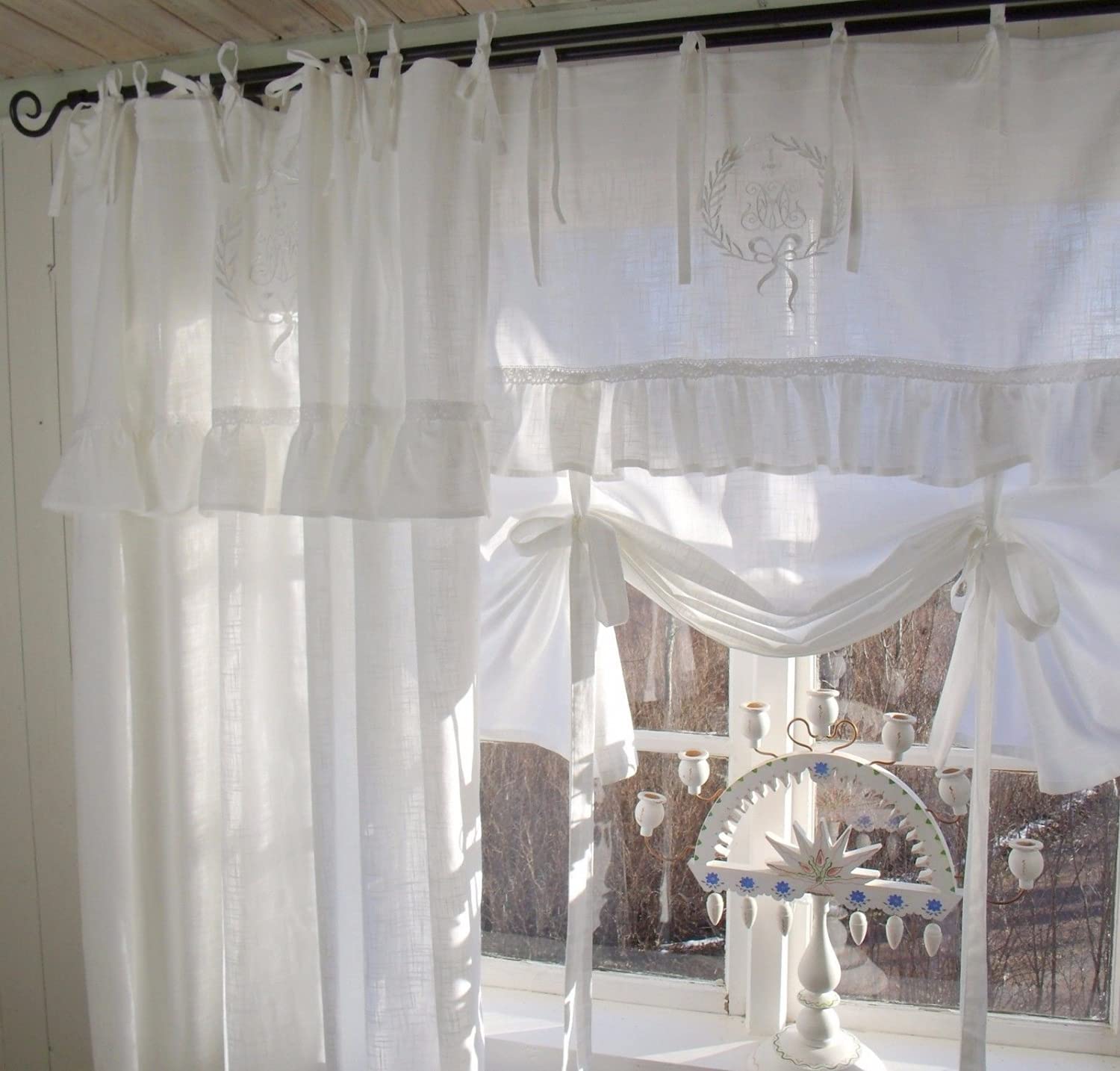 Raff Gardine Lara Weiß 100x120 cm Spitze Volant Bestickt Vintage Landhaus Shabby