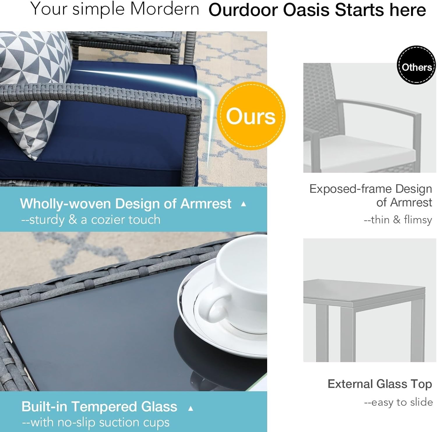 3 Pieces Outdoor Patio Furniture Set Wicker Conversation Sets Rattan Chair Modern Bistro with Coffee Table for Backyard Porch Balcony Poolside Garden(Blue)