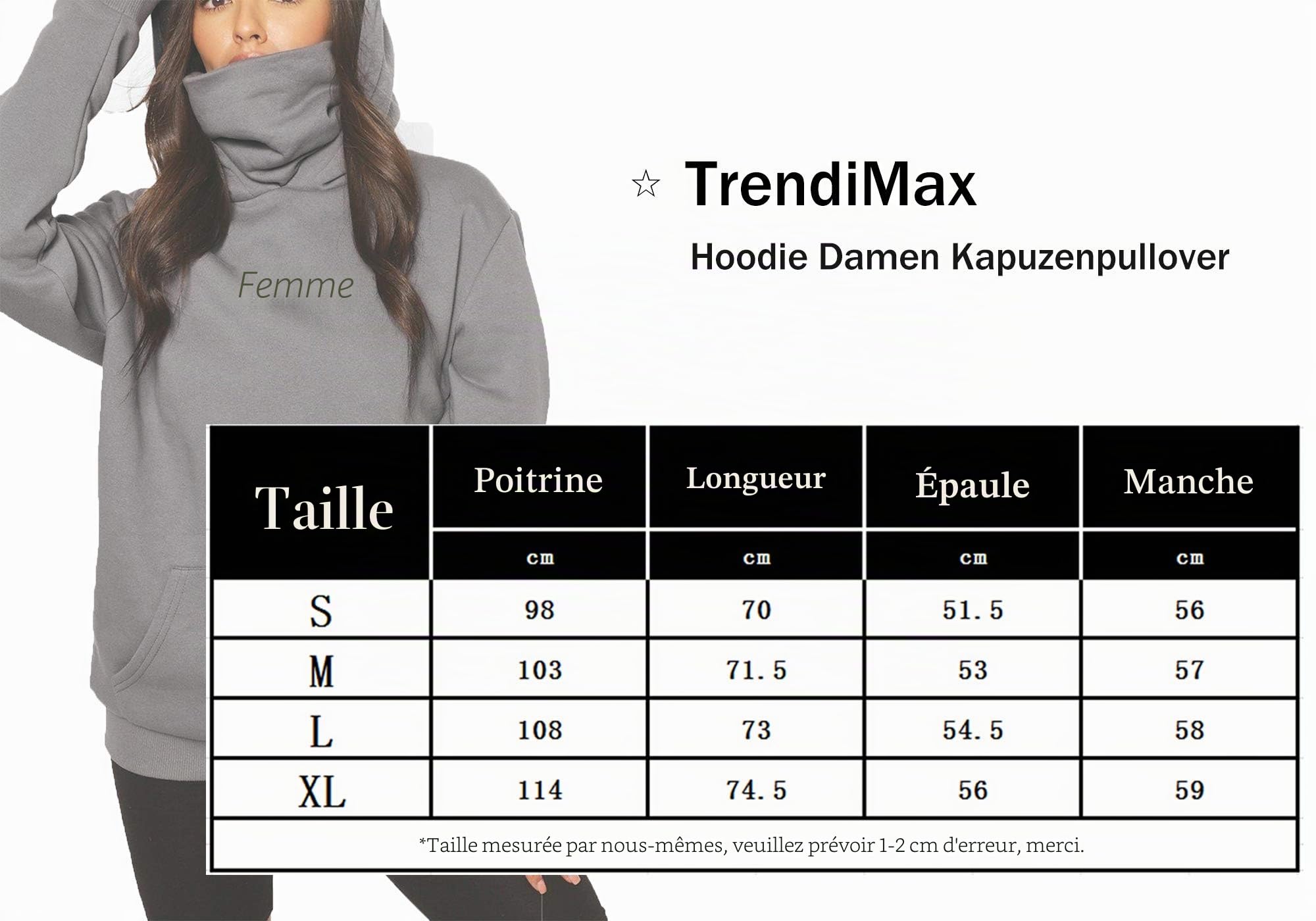 TrendiMax Pull à Capuche Femme Col Roulé Basique Pullover à Manches Longues Chic Pull Chaud Femme Hoodie Femme pour l'Automne et l'hiver