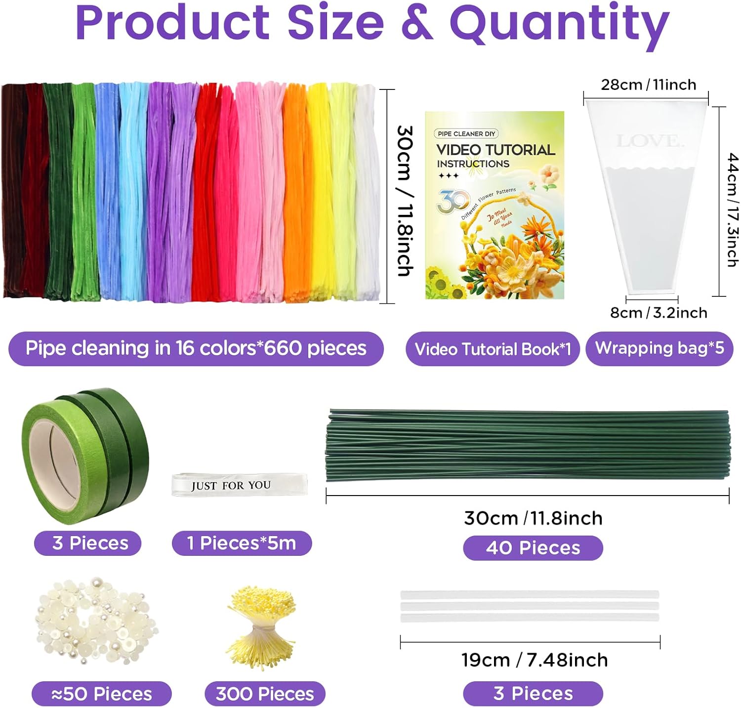 660 PCS Pipe Cleaner Flower Kit, 16 Colors Thick Chenille Stems Pipe Cleaner Bulk, Pipe Cleaners Craft Supplies with Viedo Instruction, Floral Wires, Tape, Stamen, Ribbon for DIY Art & Flower Making