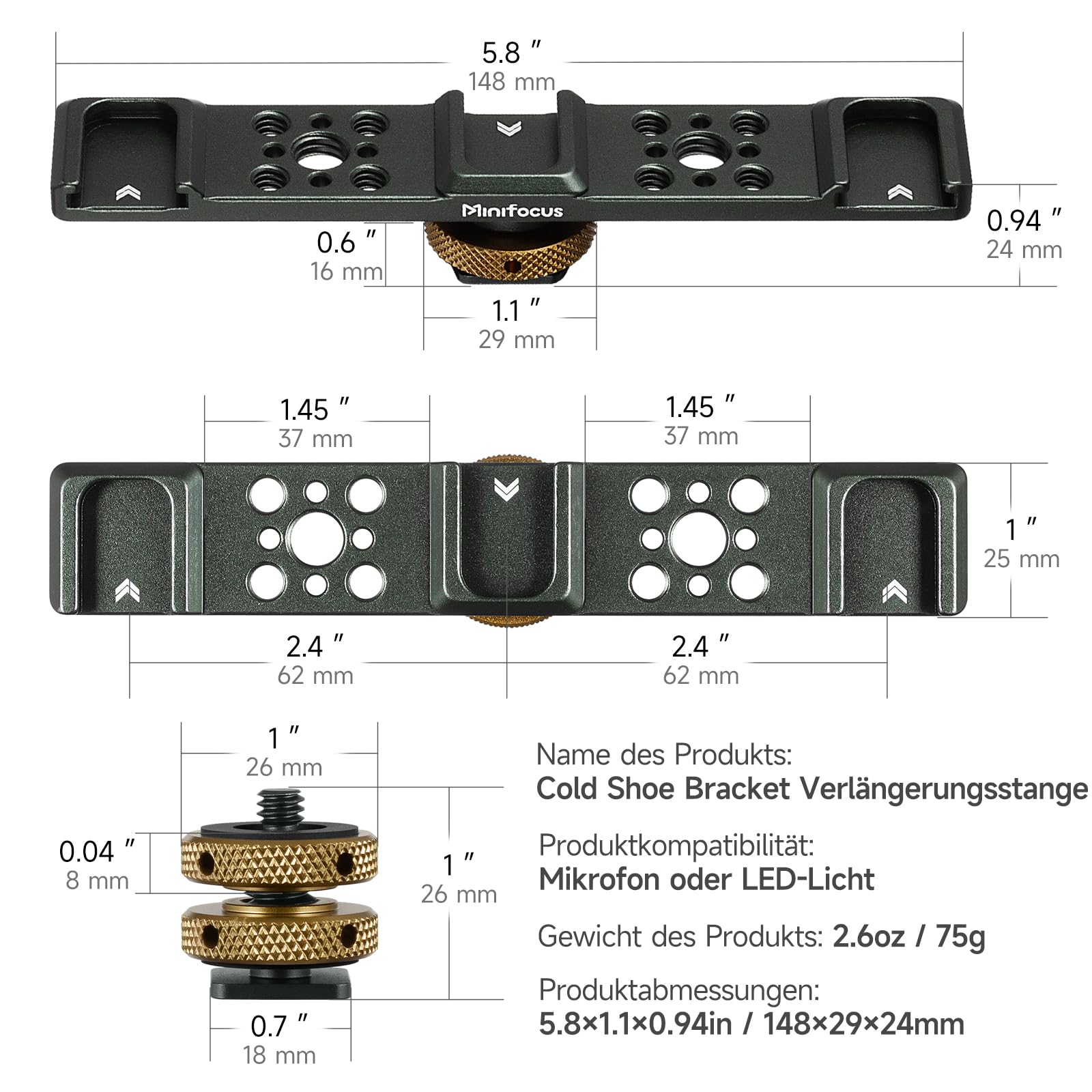 Triple Cold Shoe Mount Bracket, Triple Hot Shoe Extension Bar, Cold Shoe Mount Plate Adapter, Aluminium Triple Shoe Extension Bracket für Mikrofon, Led Video Light, Monitore
