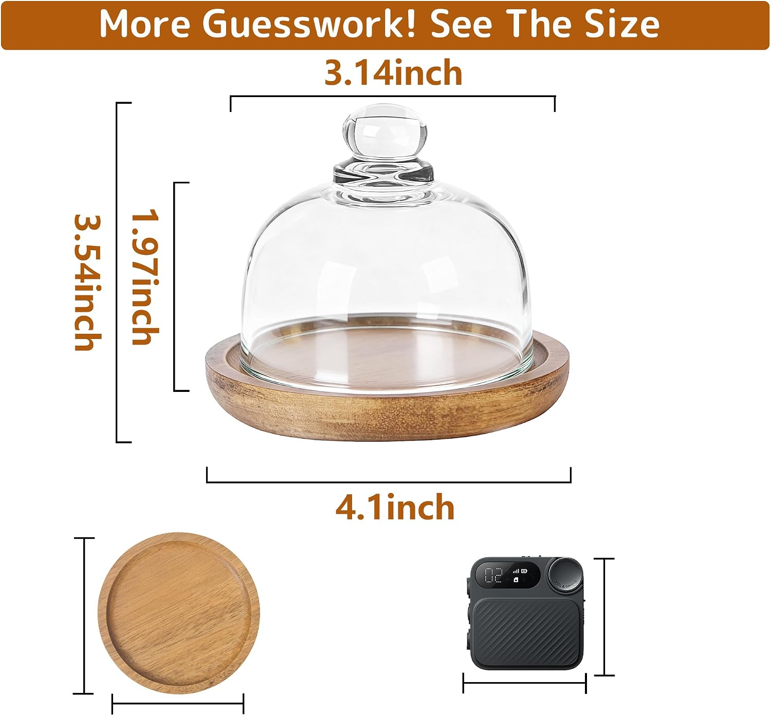 2 Pack Ultra Mini Wooden Base Cake Display Stand with Glass Dome,Cloche Clear Glass Bell Jar Cover for Dessert Cheese Candy Plants Succulents （for Sizes up to 3 "） image 2