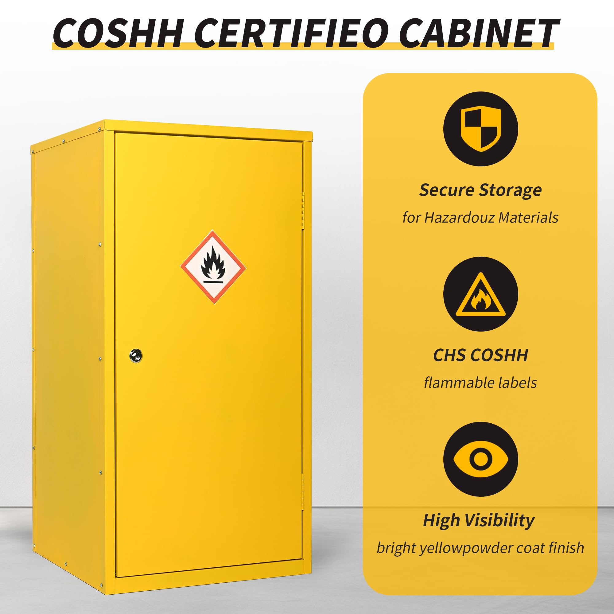 Metel COSHH Schrank für Gefahrstoffe, feuerfest, brennbar, gelb, kleine Schränke, HSE-Sicherheitsschrank für den Arbeitsplatz, 910 (H) x 460 (B) x 460 (T) mm