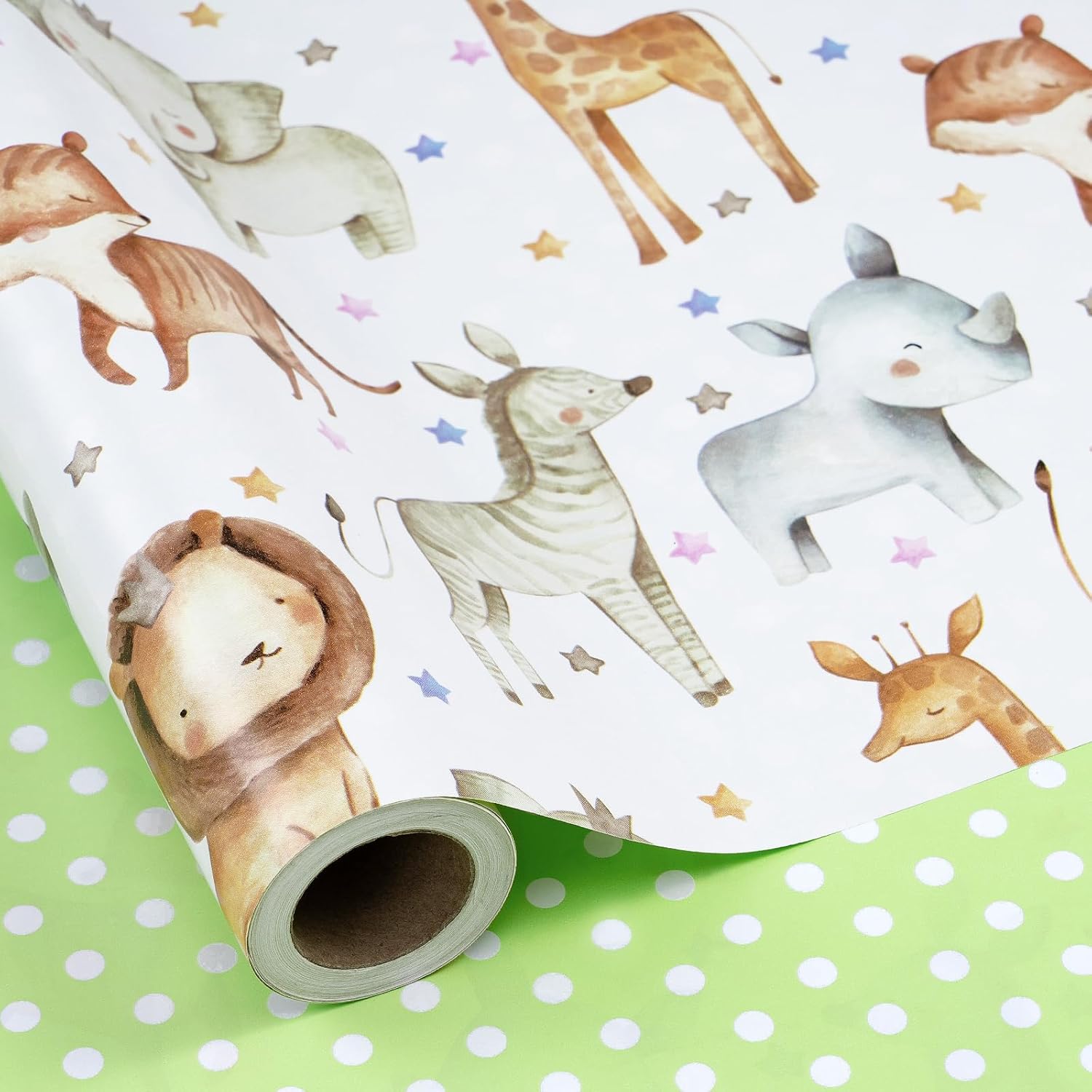 RUSPEPA Neutral Baby Shower Reversible Wrapping Paper Roll, Mini Roll, Cute Safari Jungle Animals & Green Polka Dots Gift Wrap for Kids’ Birthday, Baby Shower, Nursery Celebrations, 17 Inch x 9.8 Feet