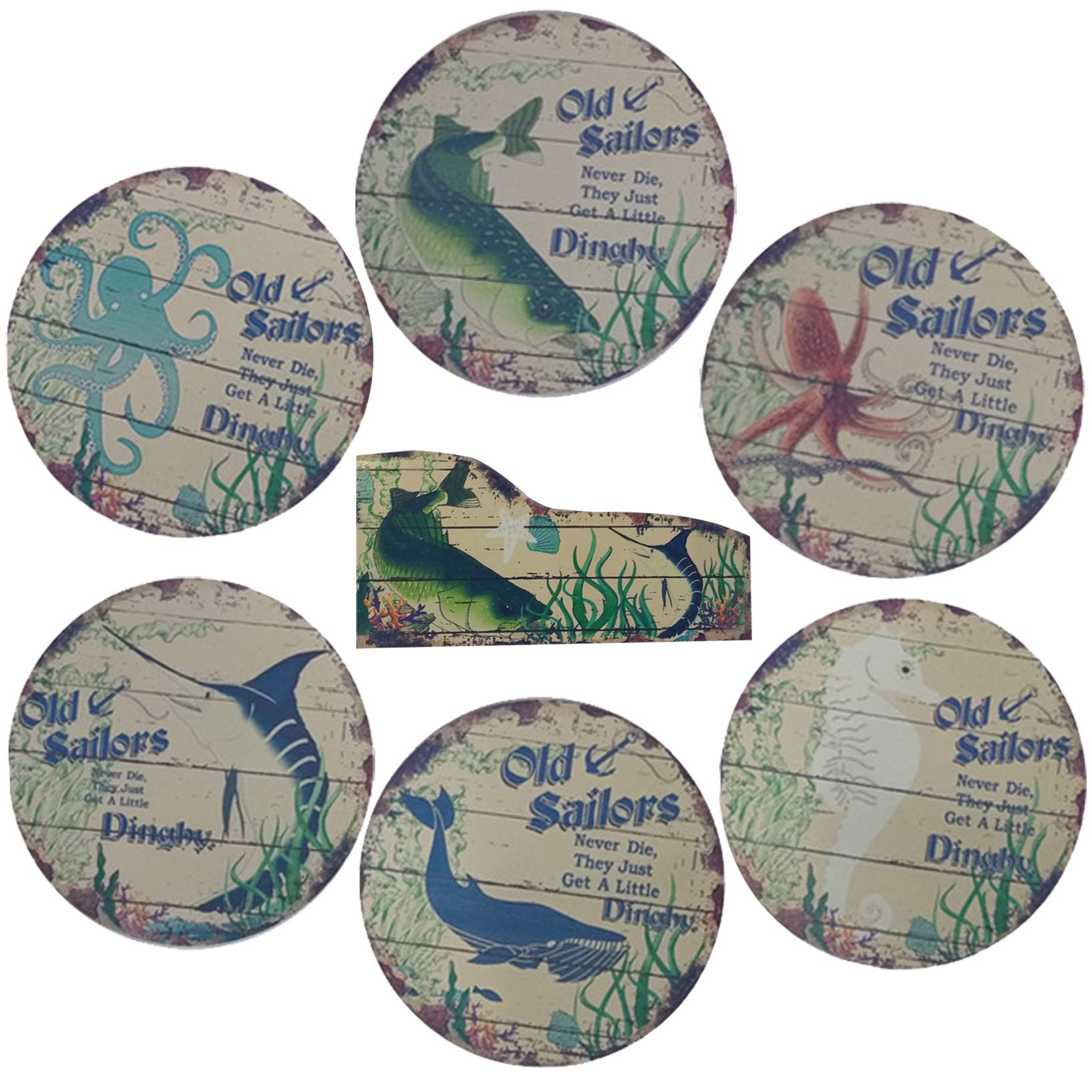 Coralpearl Large Coasters for 6 Cup Drinks Absorbent with Holder, Round Wood Trivet Mat Set, Hot Pad Rest Heat Resistant for Dishes Plates Pots Pans Skillet, Kitchen Table Countertops (6" Ocean)