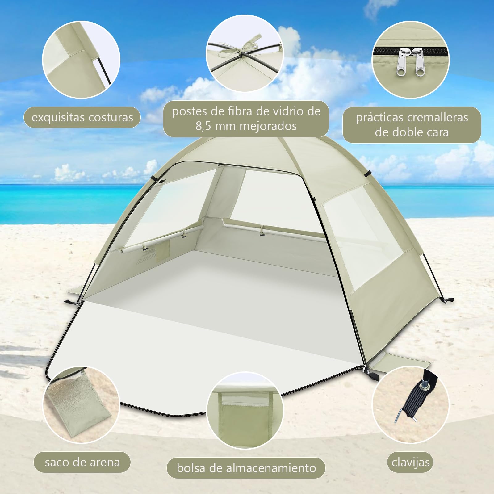 Tienda de Playa Plegable, Carpa Playa Bebe UV 50+, Refugio de Sol con Ventilación, Estructura Estable, Tienda de Campaña Ligera y Portátil para Camping