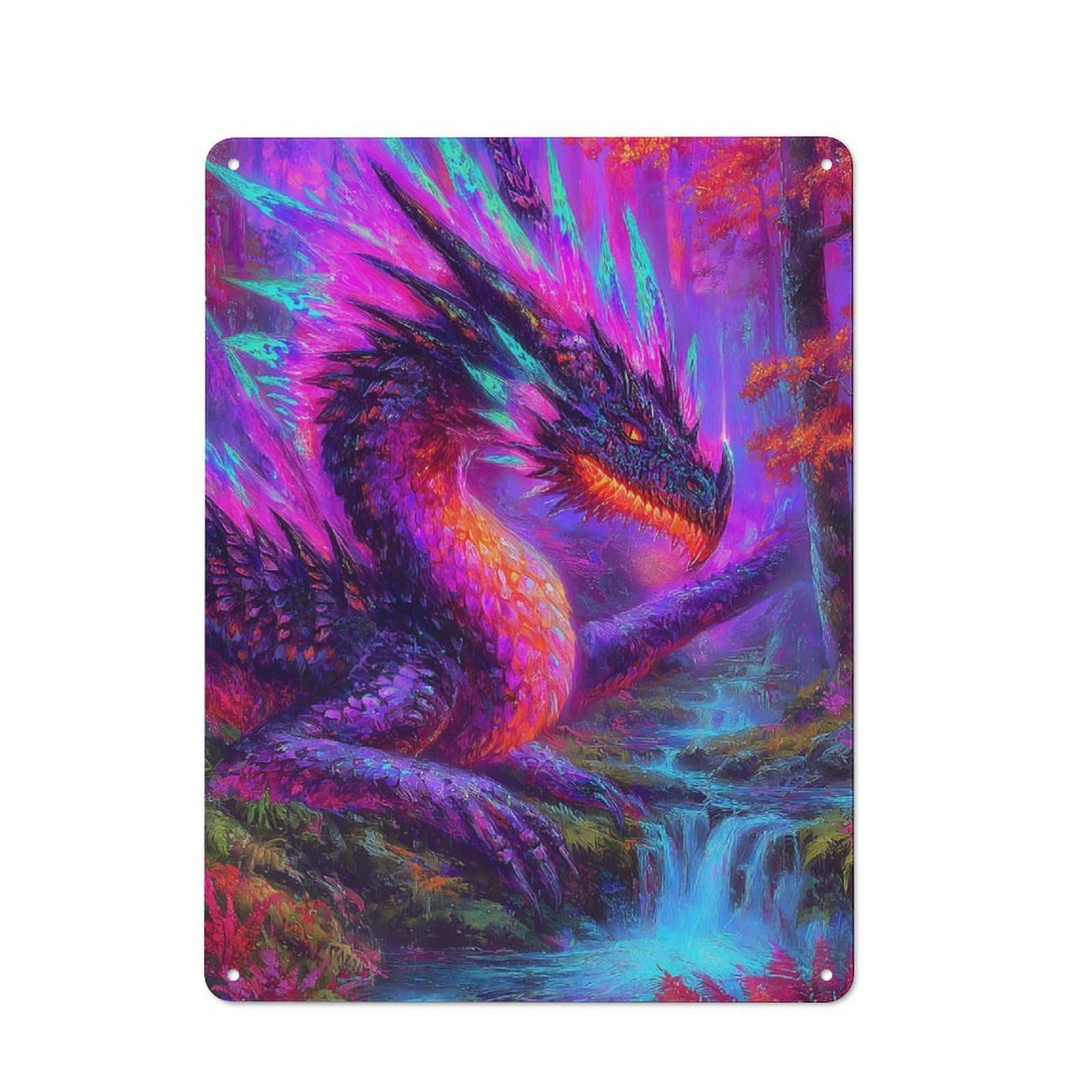 Tin Wall Plaque 40x30cm with Vibrant Dragon in Fantasy Forest for Pub Or Café, for Hospitality Wall Decor Collectors