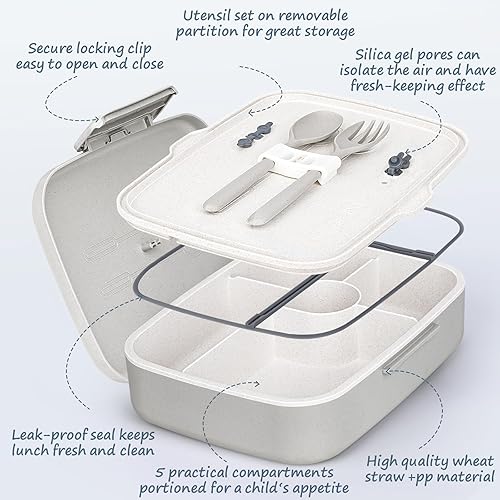 Miniatura 4 de ANDMOON Lonchera Bento para adultos, lonchera para niños, 5 compartimentos, recipientes para almuerzo con 3 tazas de silicona para hornear, a prueba