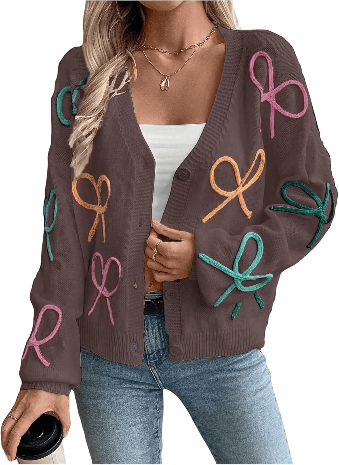 WDIRARA Women's Bow Cardigan Button Down V Neck Long Sleeve Drop Shoulder Knit Sweater