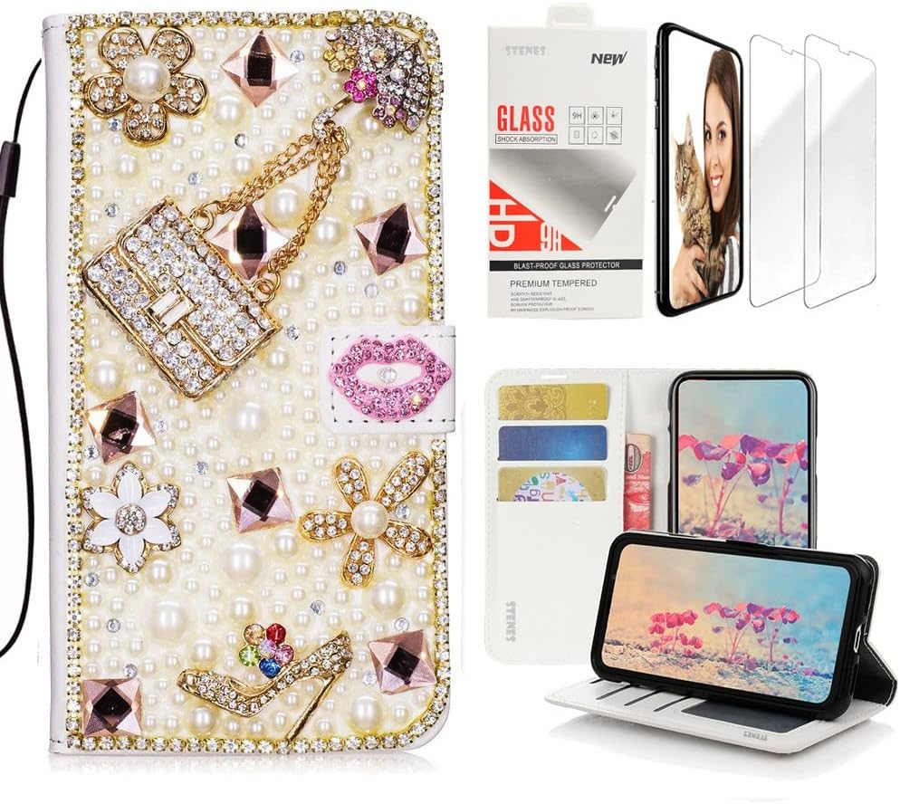 STENES Bling Wallet Case Compatible with LG V40 ThinQ - 3D Handmade Girls Bags Lipstick High Heel Design Leather Case with Wrist Strap & Screen Protector [2 Pack] - Red