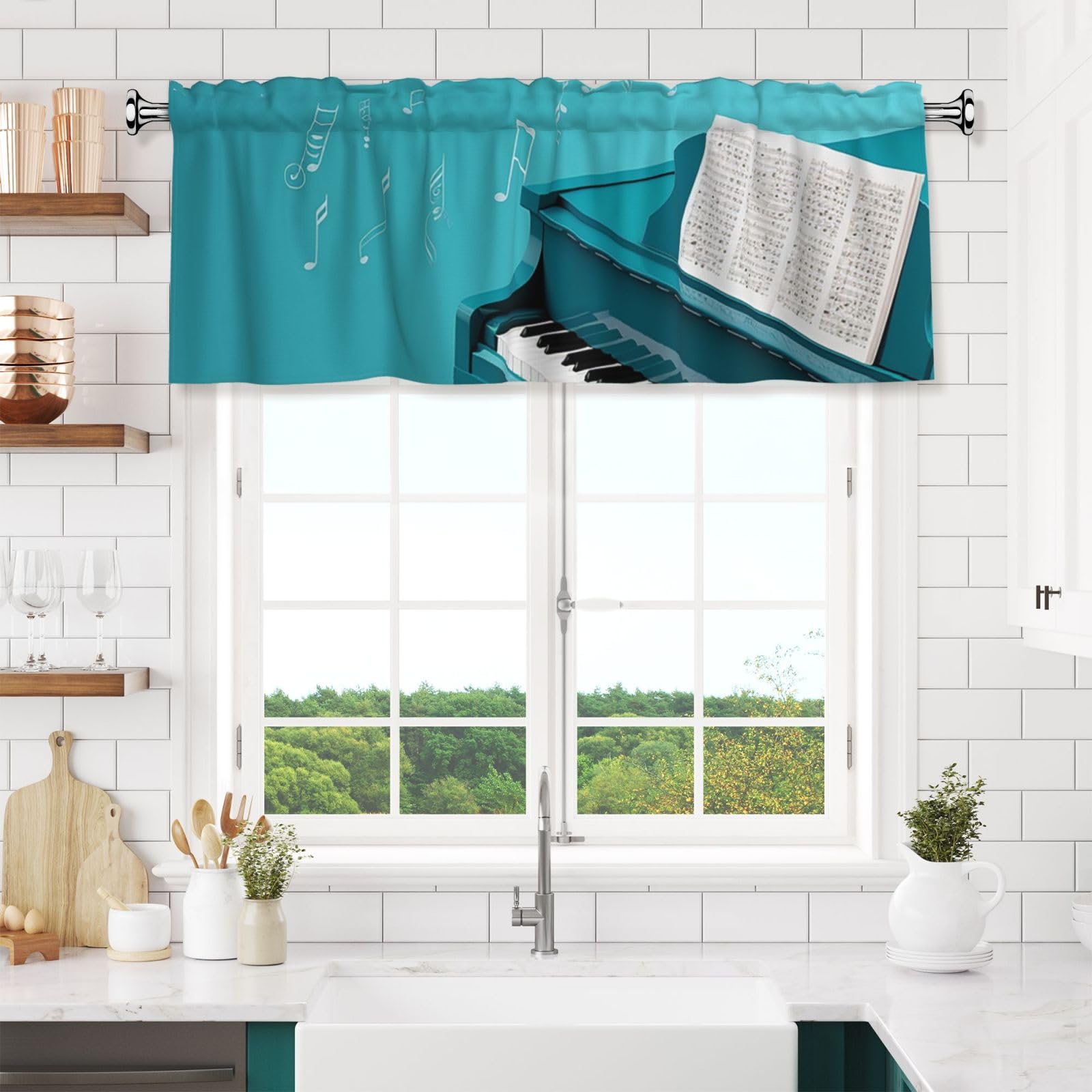 NONHAI Piano on Blue Background Valances for Windows Short Curtains Rod Pocket Cafe Window Treatments Valance Curtains for Kitchen Bathroom Laundry Basement Windows 54x18inch Blackout Window Valance