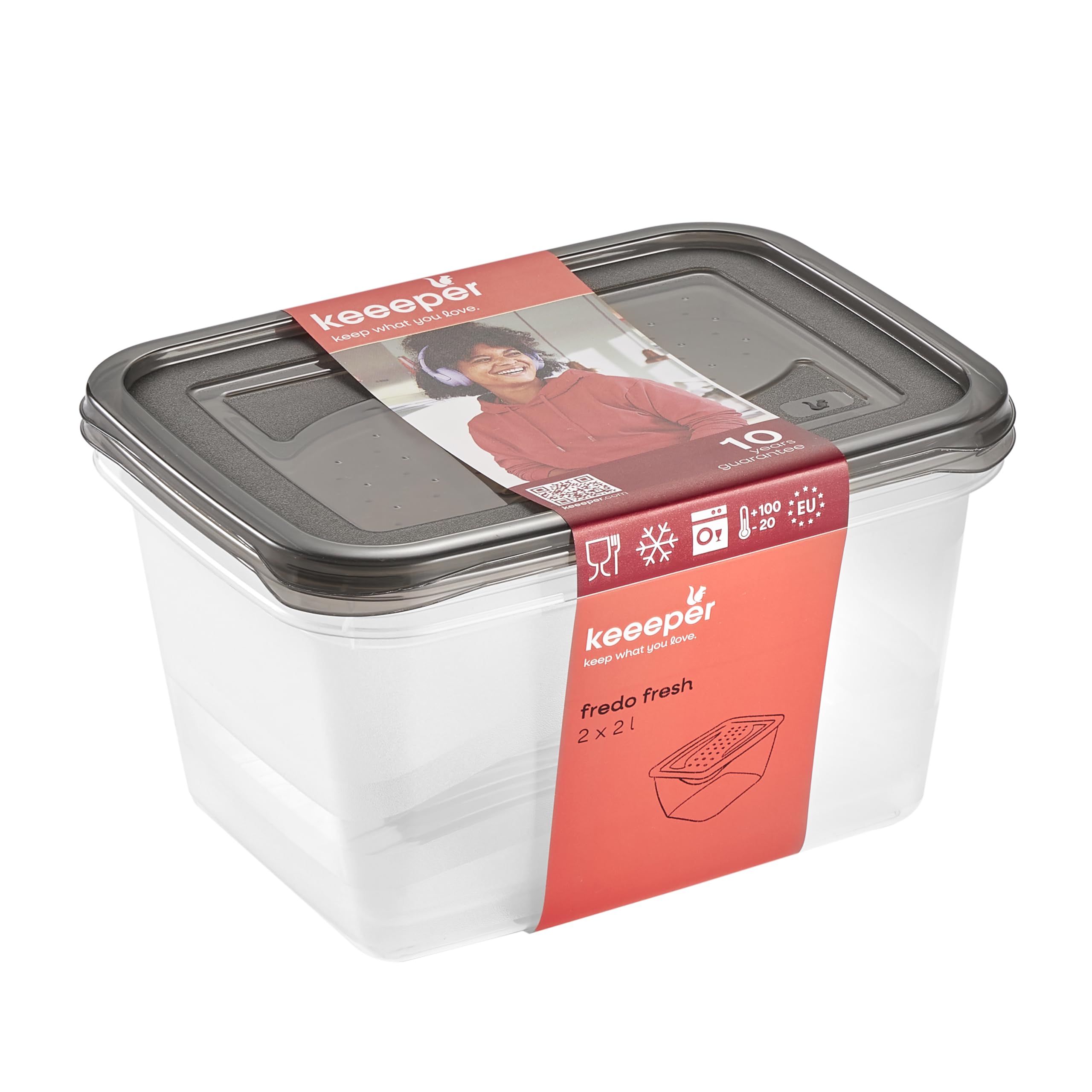 keeeper fredo fresh Frischhaltedosenset 2-teilig, 2 x 2 l, Crystal Grey (Transparent)