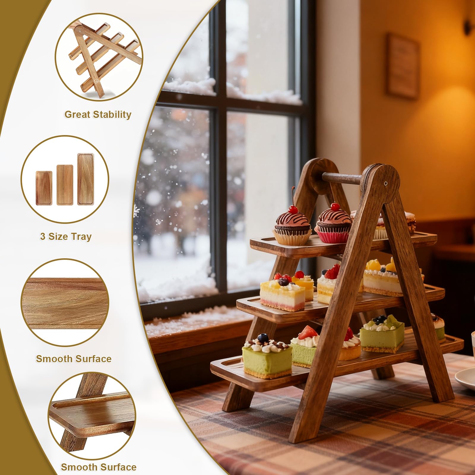 Vassoio da portata in legno a 3 ripiani per cupcake con vassoi staccabili, vassoio rettangolare da portata per dessert, espositore per feste, matrimoni, Natale, formaggi, salumi, snack