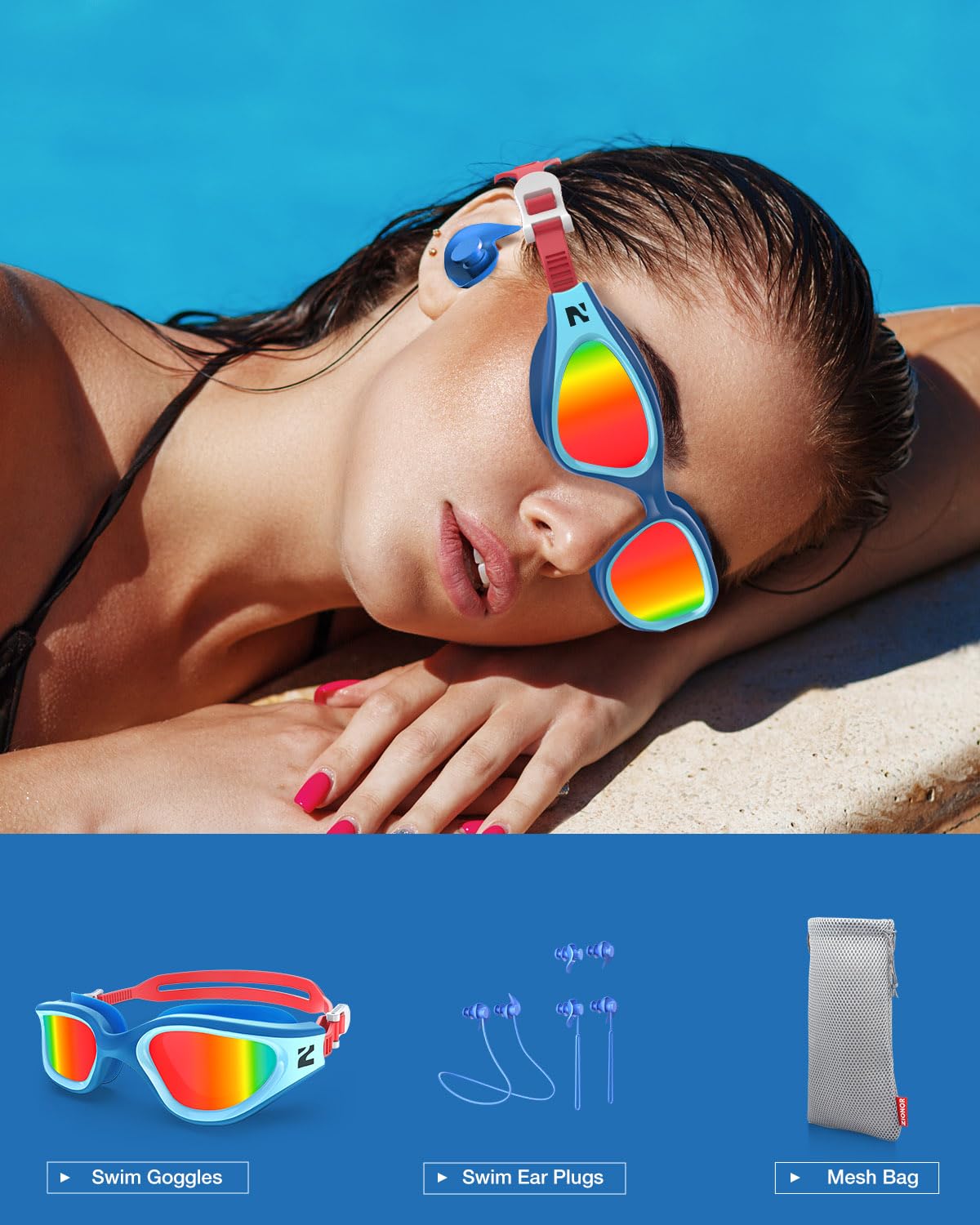 ZIONOR G1 Lite - Gafas de natación polarizadas con 3 pares de tapones para los oídos, protección UV antivaho, gafas de natación para adultos, hombres, mujeres y jóvenes
