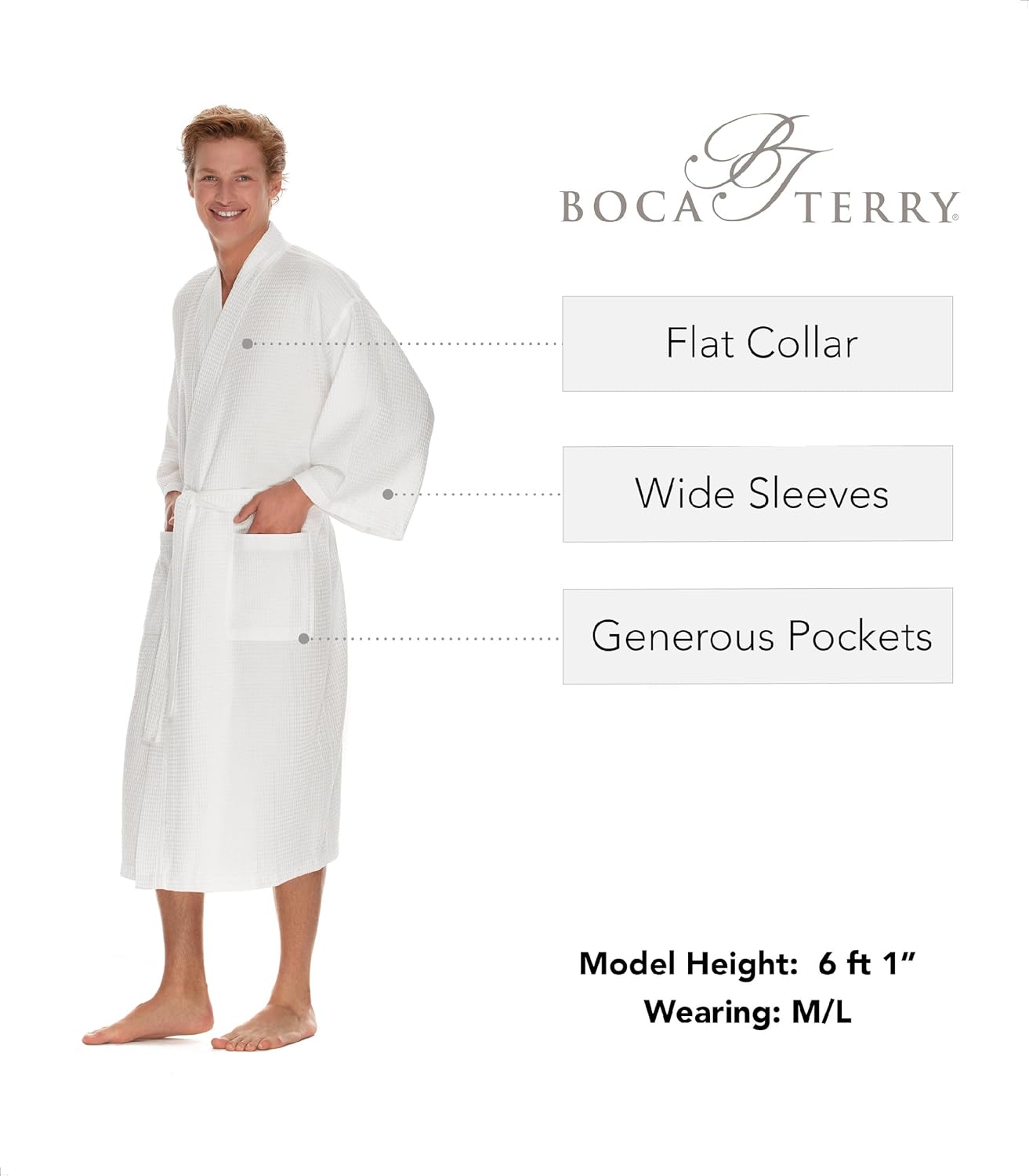 Men's Waffle Robe by BOCA TERRY, Waffle Knit Spa Robe, Long Lightweight Cotton Kimono Hotel Bathrobe