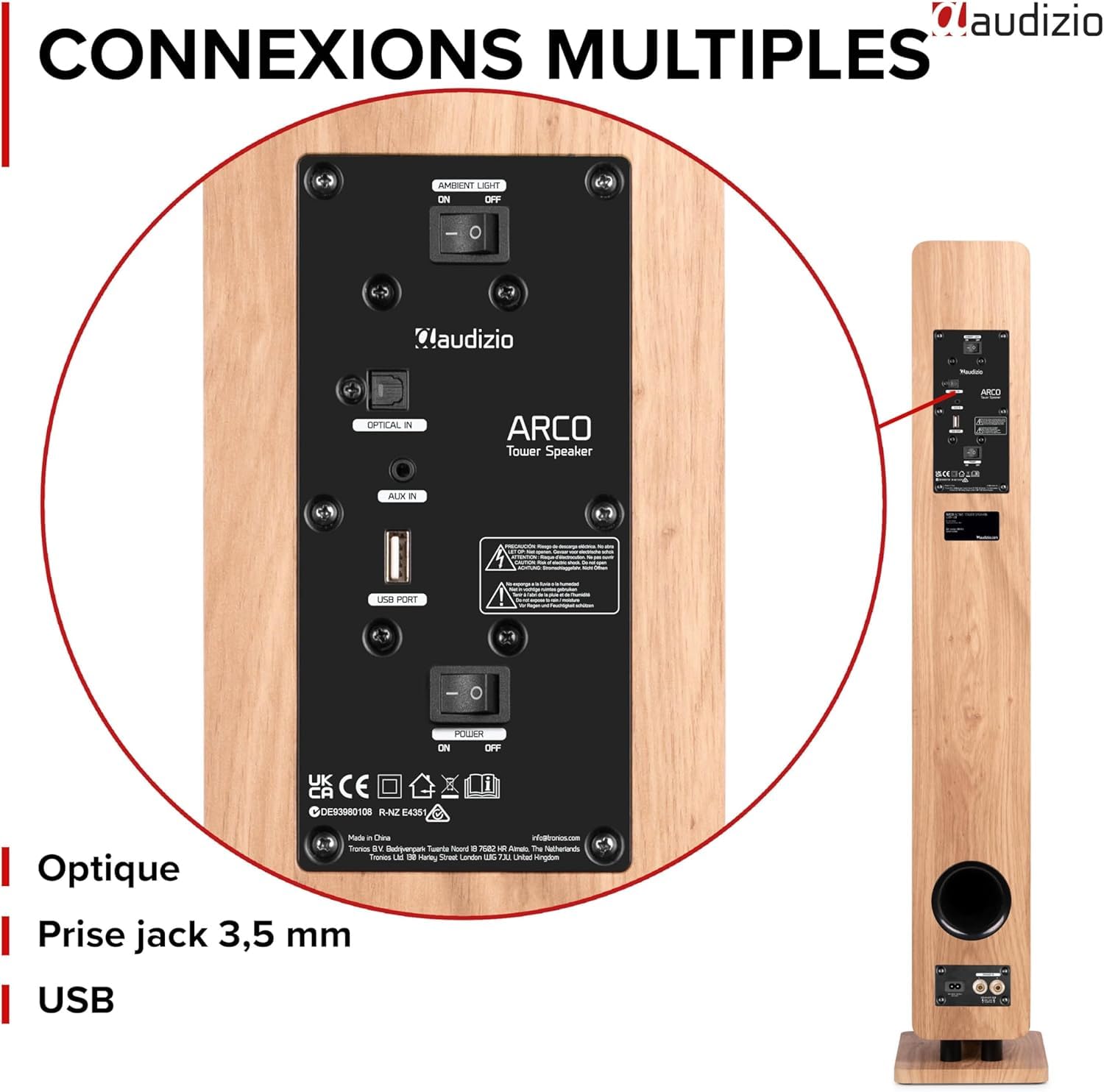 Audizio ARCO Tour De Son Hi-FI BT Chêne Clair 160W - Enceinte Colonne Active Amplifiée avec LED, Mode Stéréo, TV, Streaming et Salon