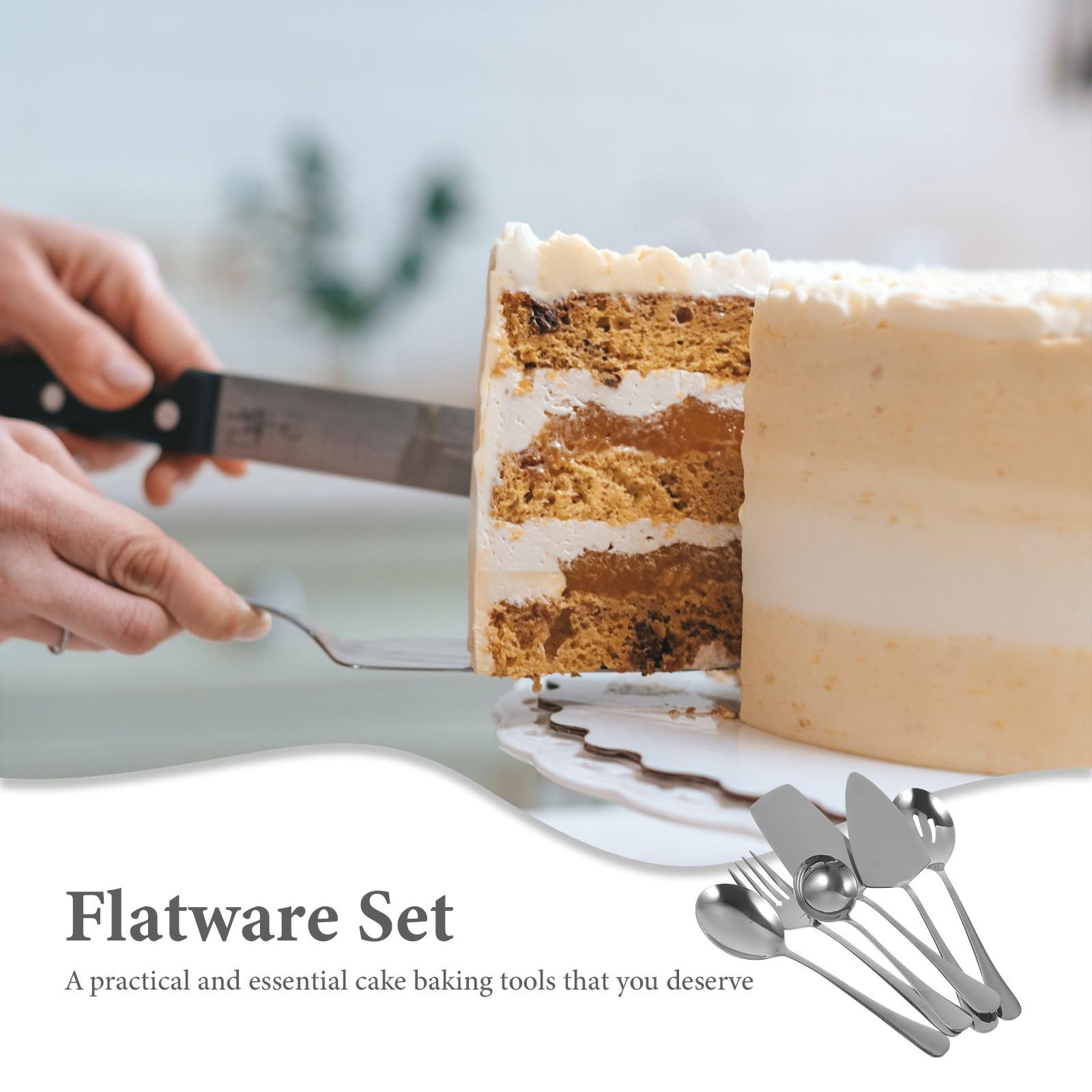 SHERCHPRY Set 1 Pezzo di Posate per Torta in Acciaio Inossidabile Spatola Seghettata e Forchetta, Design Sicuro e Maneggevole per Feste di Compleanno e Banchetti