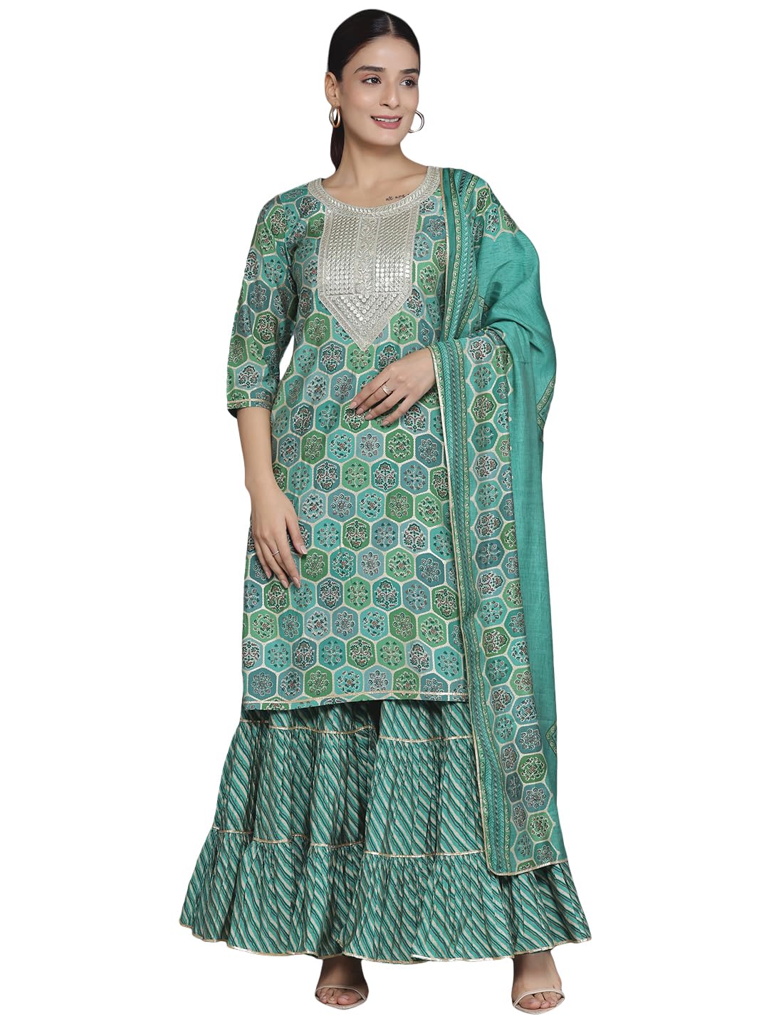libas Womens Printed Silk Blend Straight Kurta With Sharara and Dupatta-picture-30