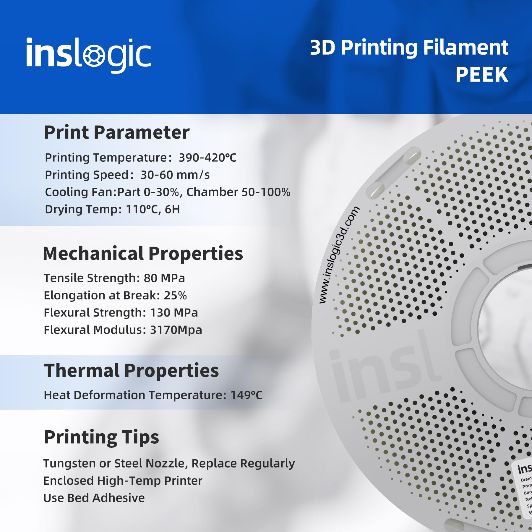 Inslogic PEEK Filament 1,75mm 3D Druck Filament, UL94 V-0 Flammhemmend, Hochfest und Hitzebeständig 250g Nachfüllpackung, Kompatibel mit Bambu- und Sunlu-Spulen, Naturfarben