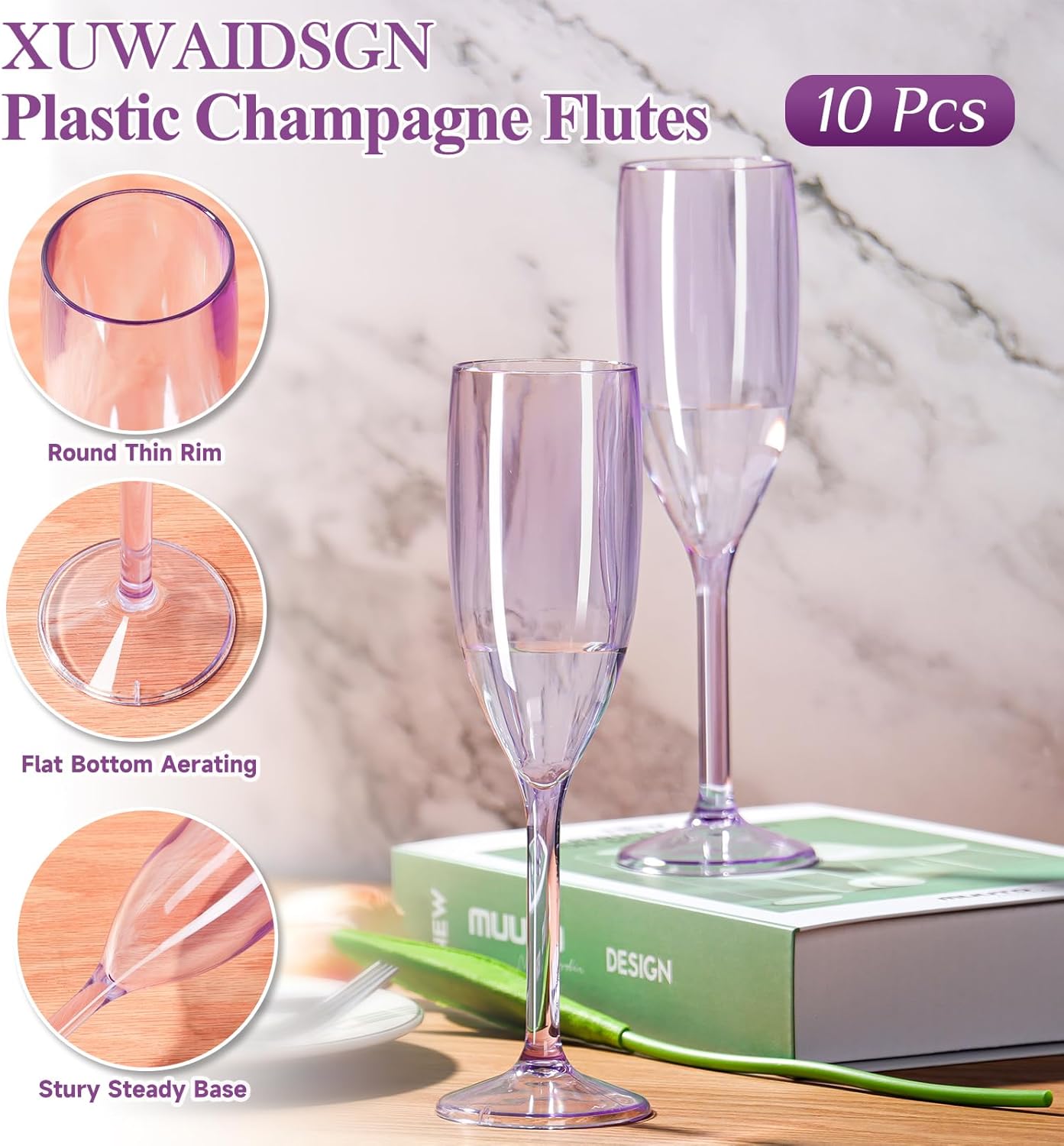 XUWAIDSGN 10 Pcs Reusable Champagne Flutes Plastic Wine Glasses Bulk Vintage Champagne Flutes Mimosa Bar Glasses Stemmed Drinking Cups 5.4OZ for Christmas Birthday Wedding Bride - Image 2