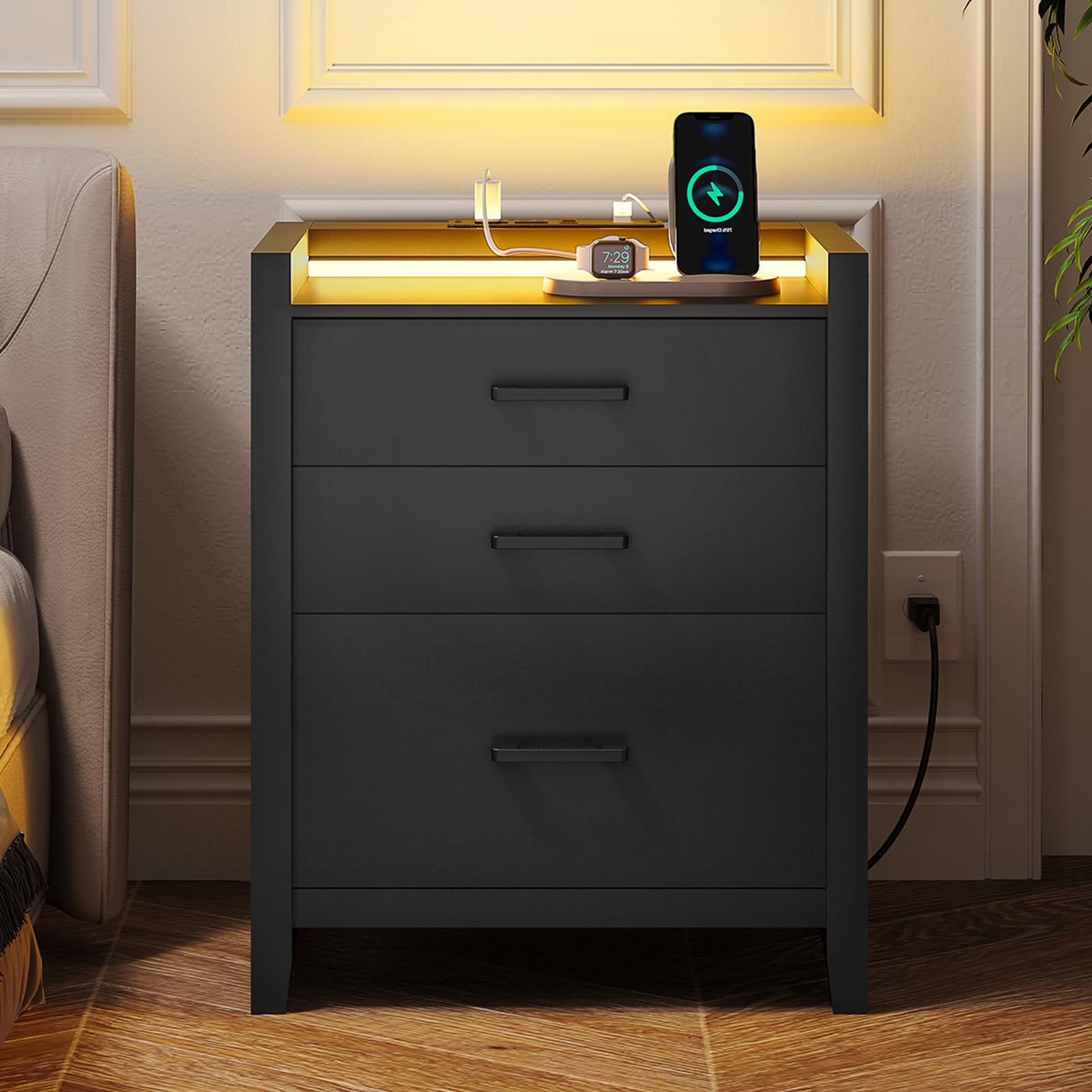 EPHEX LED Nightstand with Charging Station, Nightstand with 3 Drawers