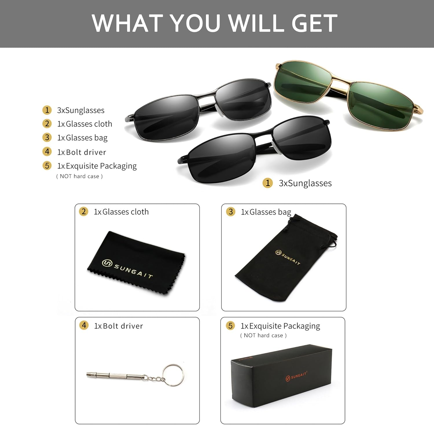 SUNGAIT Mens Narrow Polarized Sunglasses Metal Frame Small Rectangle Retro Durable UV400 Protection