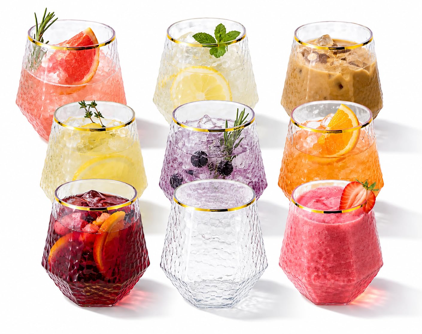 40 Pack Disposable Plastic Wine Glasses 12oz Diamond Gold Rim Stemless