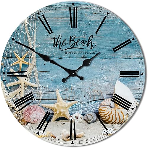 Divertida decoración de baño de playa, reloj de pared silencioso que no hace tictac, conchas marinas, decoración de baño, arte de pared  The Beach