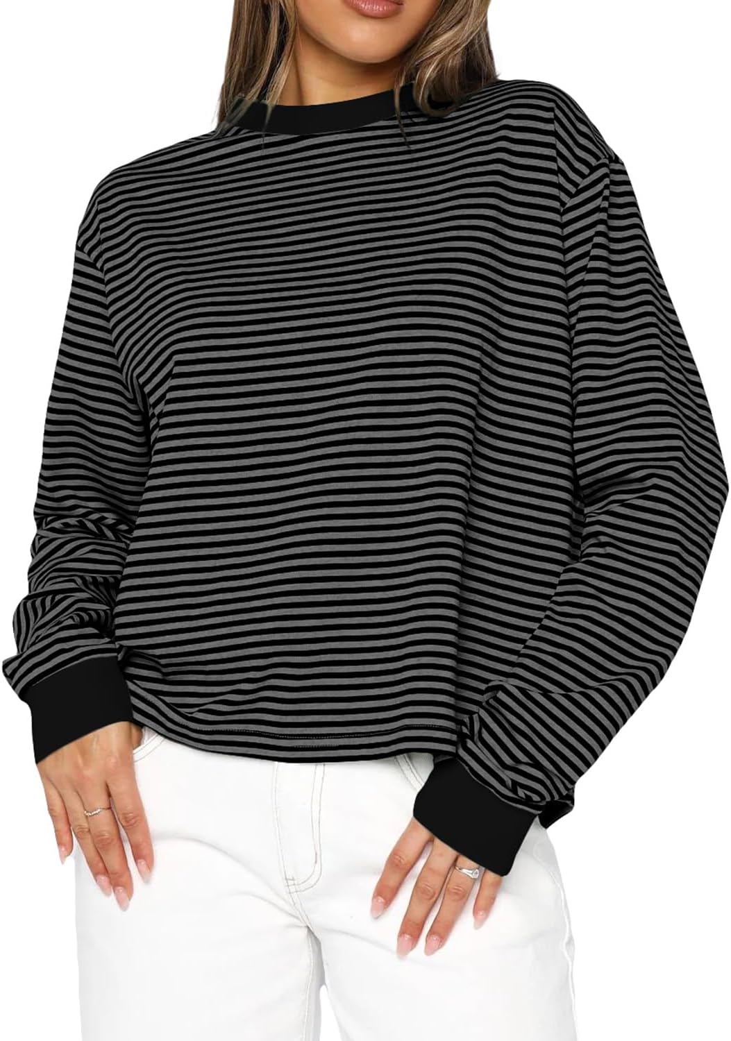 BAIGRAM Women Oversized Crewneck Striped Tee Tops Y2K Aesthetic Fall Outfits Long Sleeve Preppy Pullover Tshirt Sweatshirt