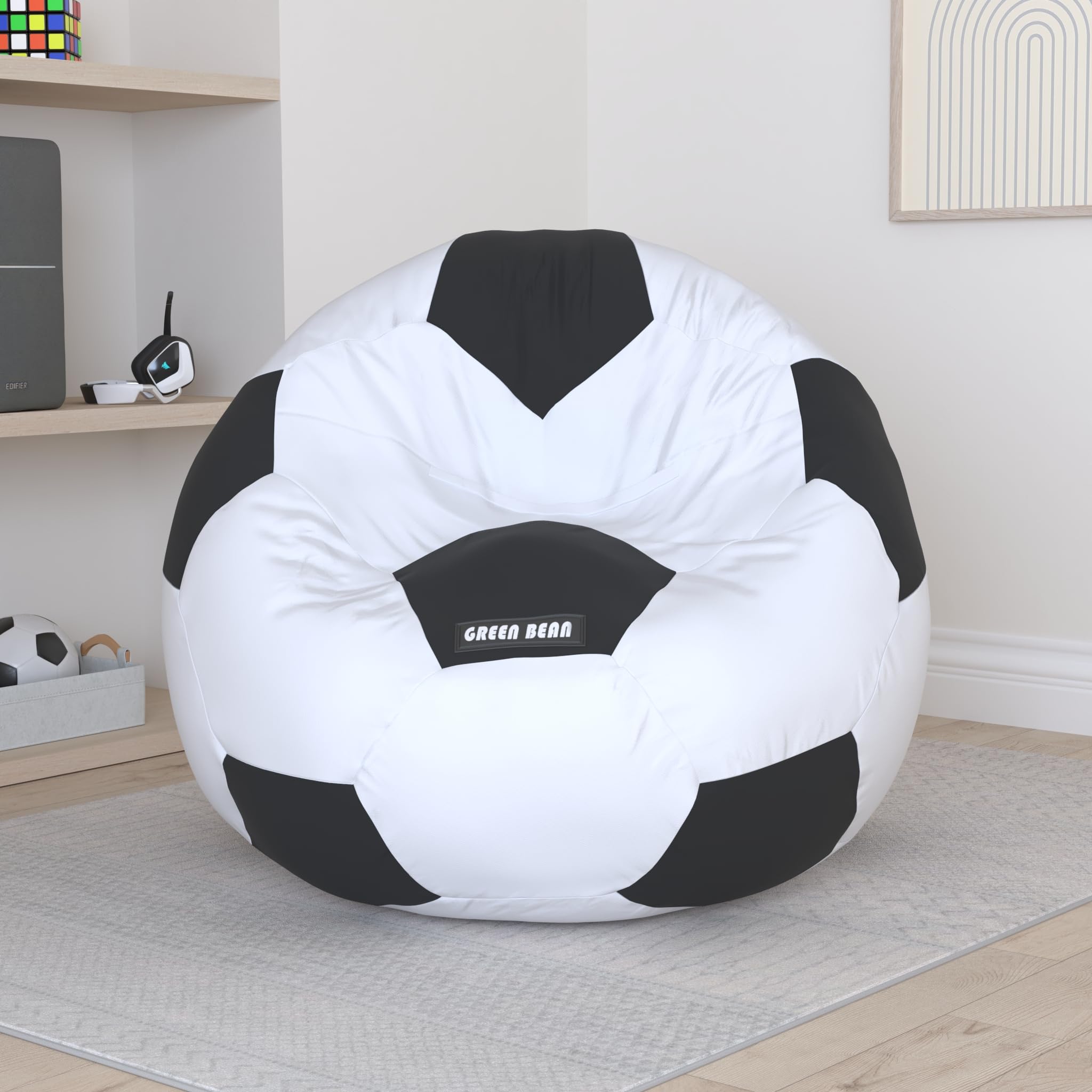 Green Bean© Voetbal zitzak voorgevuld met 250L EPS parels - Kinderen & volwassenen 90cm Zitzak Giant zitzak Lounge-kussen Lounge stoel Zitkussen Wasbare hoes Gamingstoel Wit