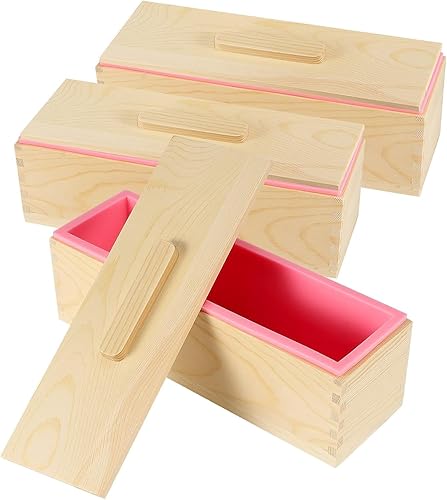 Miniatura 3 de Kit de jabón de silicona de 47 onzas, 3 piezas de jabón de silicona rectangular rosa con 3 cajas de madera y 3 tapas, suministros de bricolaje para