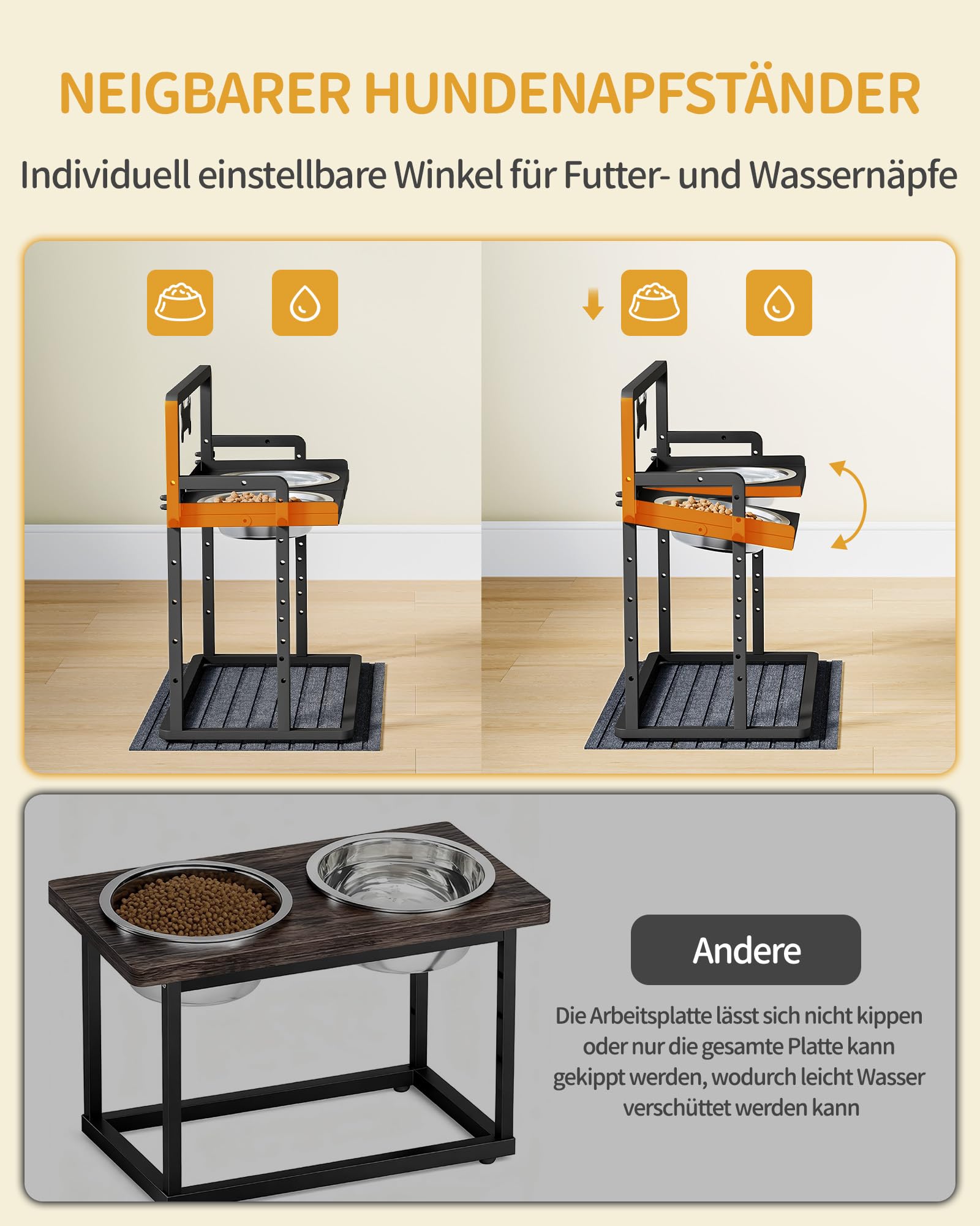 Hzuaneri Erhöhter Hundenapf, 6-Fach Höhenverstellbar, 2 x 2 L Edelstahlnäpfe (Winkel Separat Verstellbar), Geeignet für Kleine, Mittlere und Große Katzen und Hunde, Schwarz PB89099B