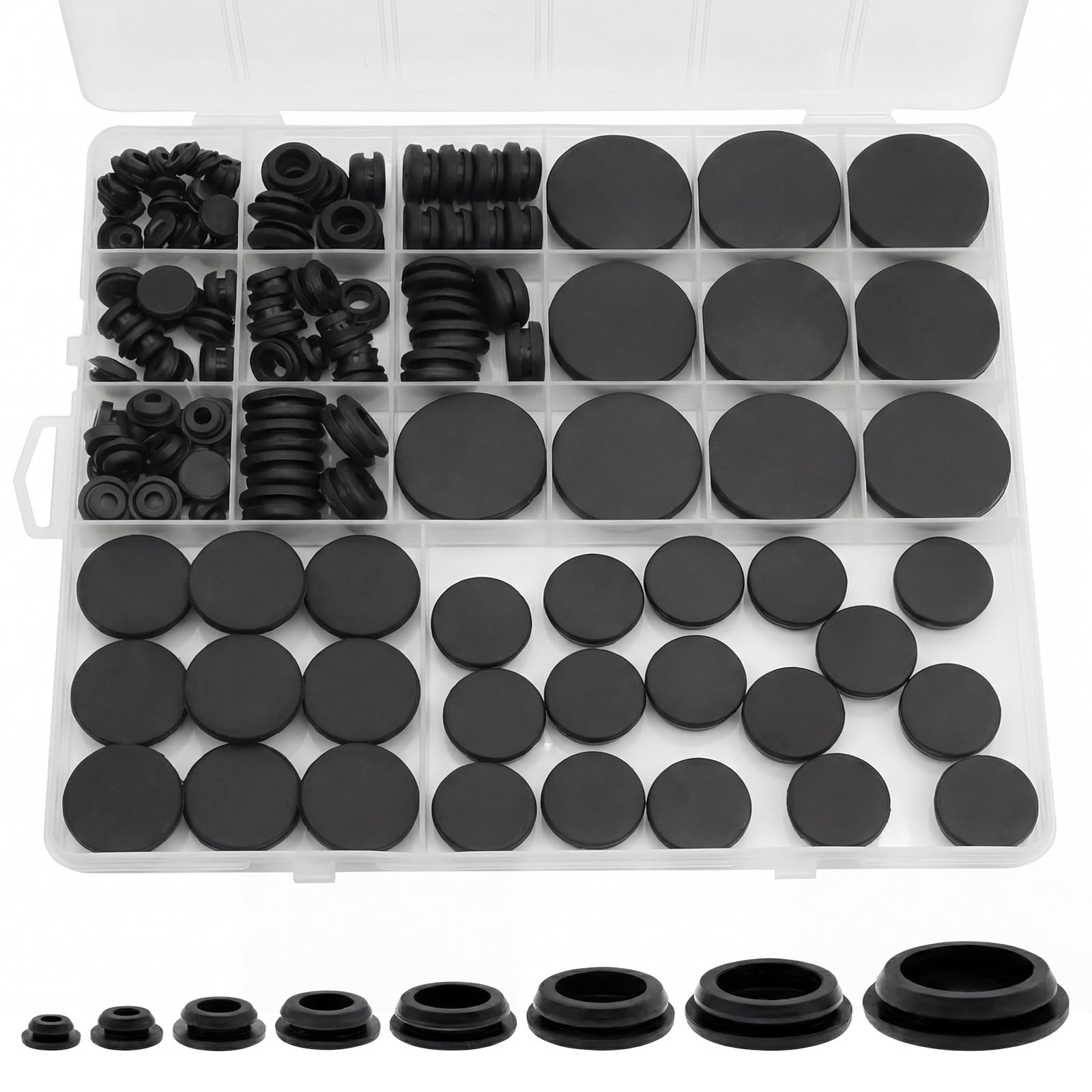 125 Pcs Rubber Grommets Kit, 8 Assorted Sizes Black Rubber Hole Plugs for Round Holes, Rubber Grommets for Holes Assortment Kit, Suitable for Car, Boat, Pump, Plumbing, Cables Plugs, Wiring