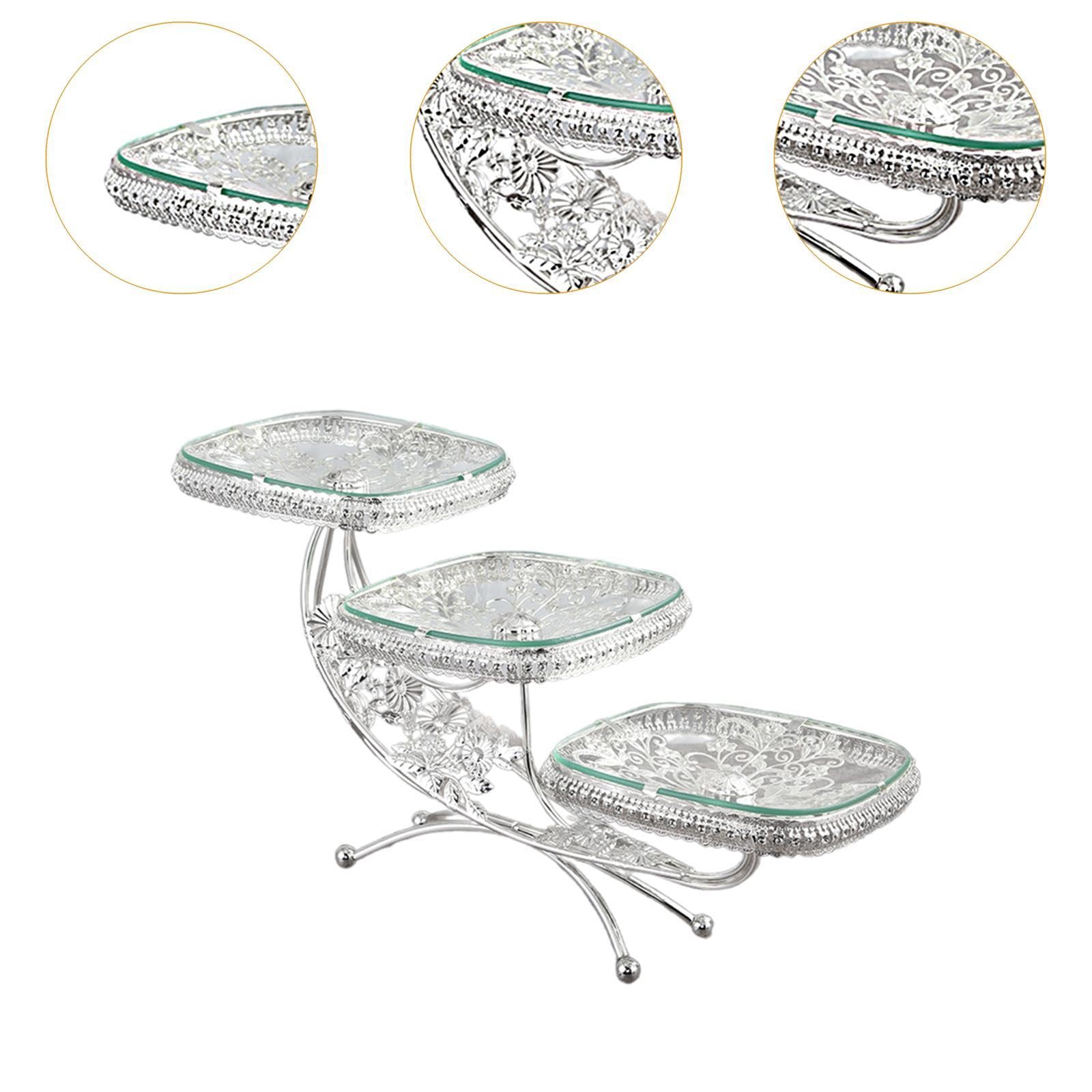 Soporte para Cupcakes de Niveles Bandeja de Postres con Diseño Artístico Estructura Metálica Y Vidrio Resistente Adecuado para Fiestas, Plata, Individual