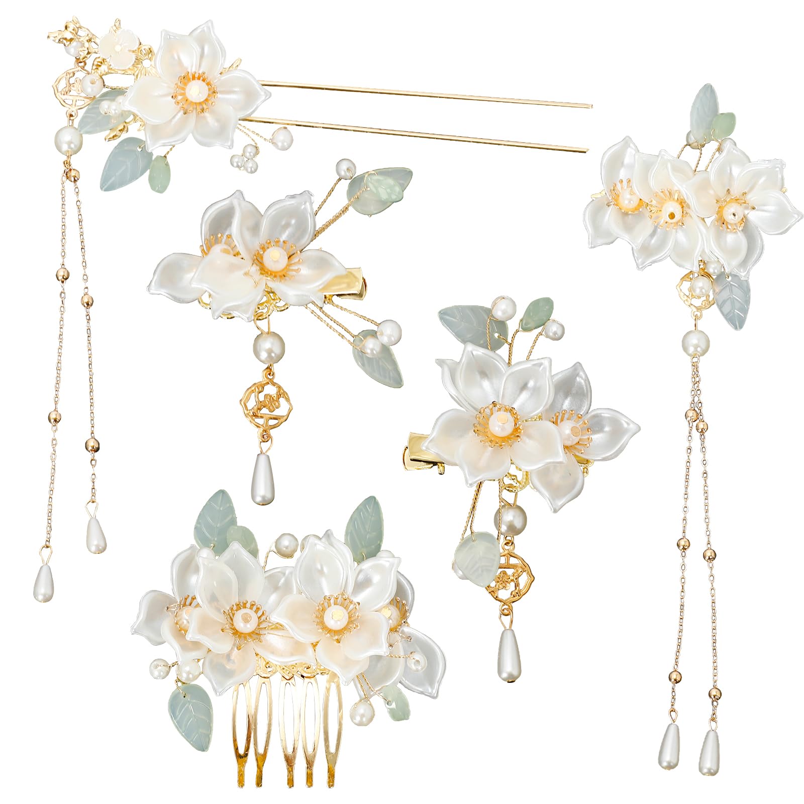 5 Pcs Camellia Flower Tassels Hairpins Set, Chinese Hanfu Crystal Rhinestone Pearl Hair Clips, Retro Wedding Brides Hair Accessories for Women