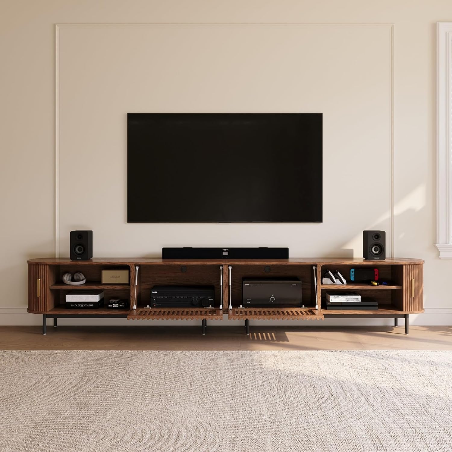 POVISON Fully-Assembled Sliding Tambour Door TV Stand, Mid Century Modern TV Console, Wood Media Console, Entertainment Center with Storage Cabinet (Walnut, 118.11") 118.11" Walnut