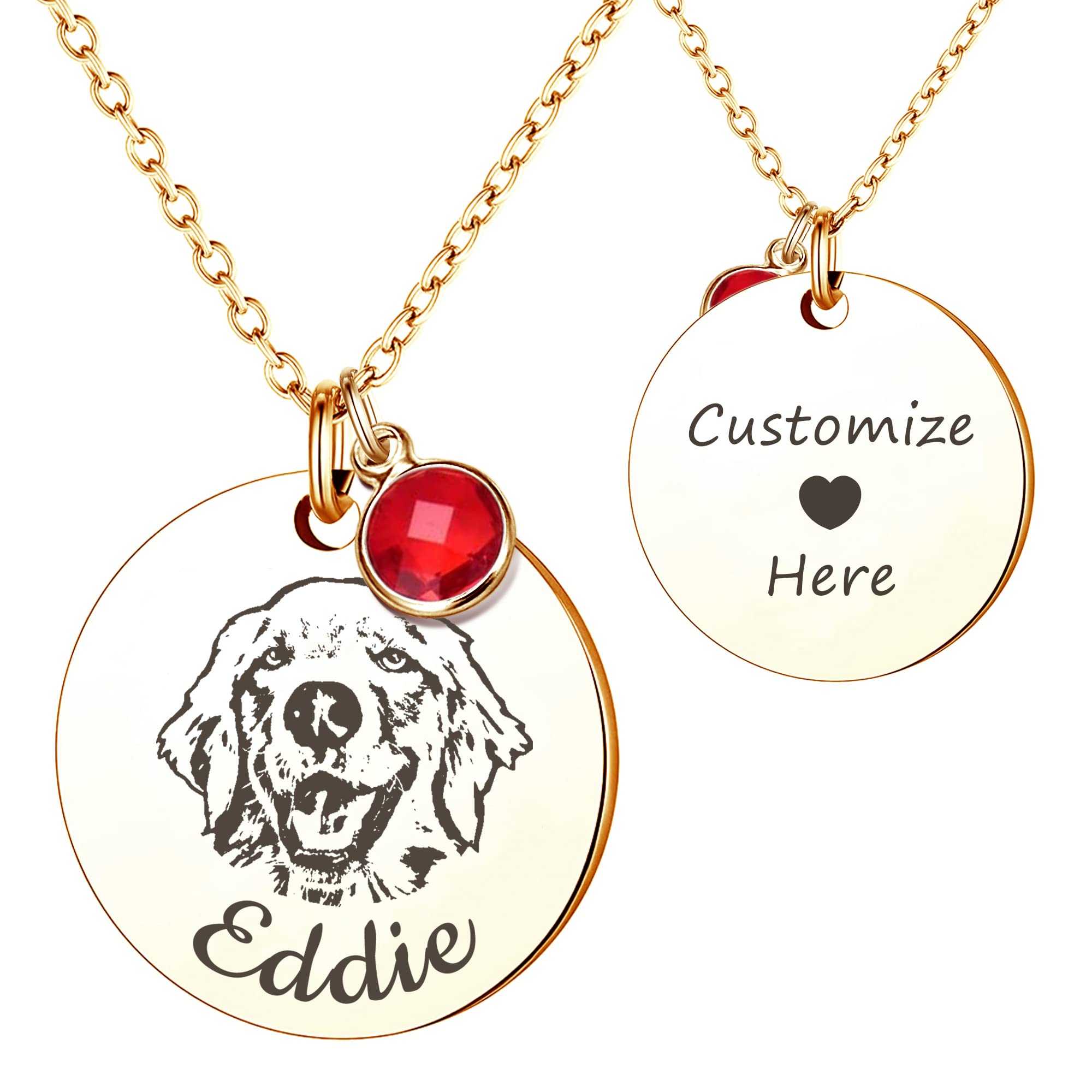 Anavia Personalized Pet Portrait Necklace, 12 Month of Birthstone Charm Options, Handmade Photo Custom Pet Memorial Jewelry Gift for Women, Round Disc