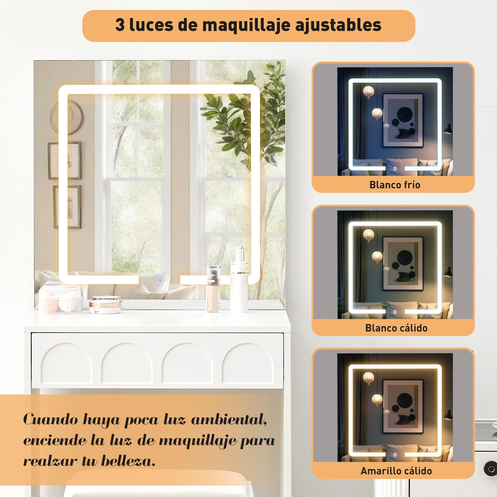 LEMROE Tocador Moderno con Espejo LED Táctil 3 Luces, Mesa de Maquillaje Compacto con Cajón y Taburete, para Espacios Pequeños, Blanco (Blanco)
