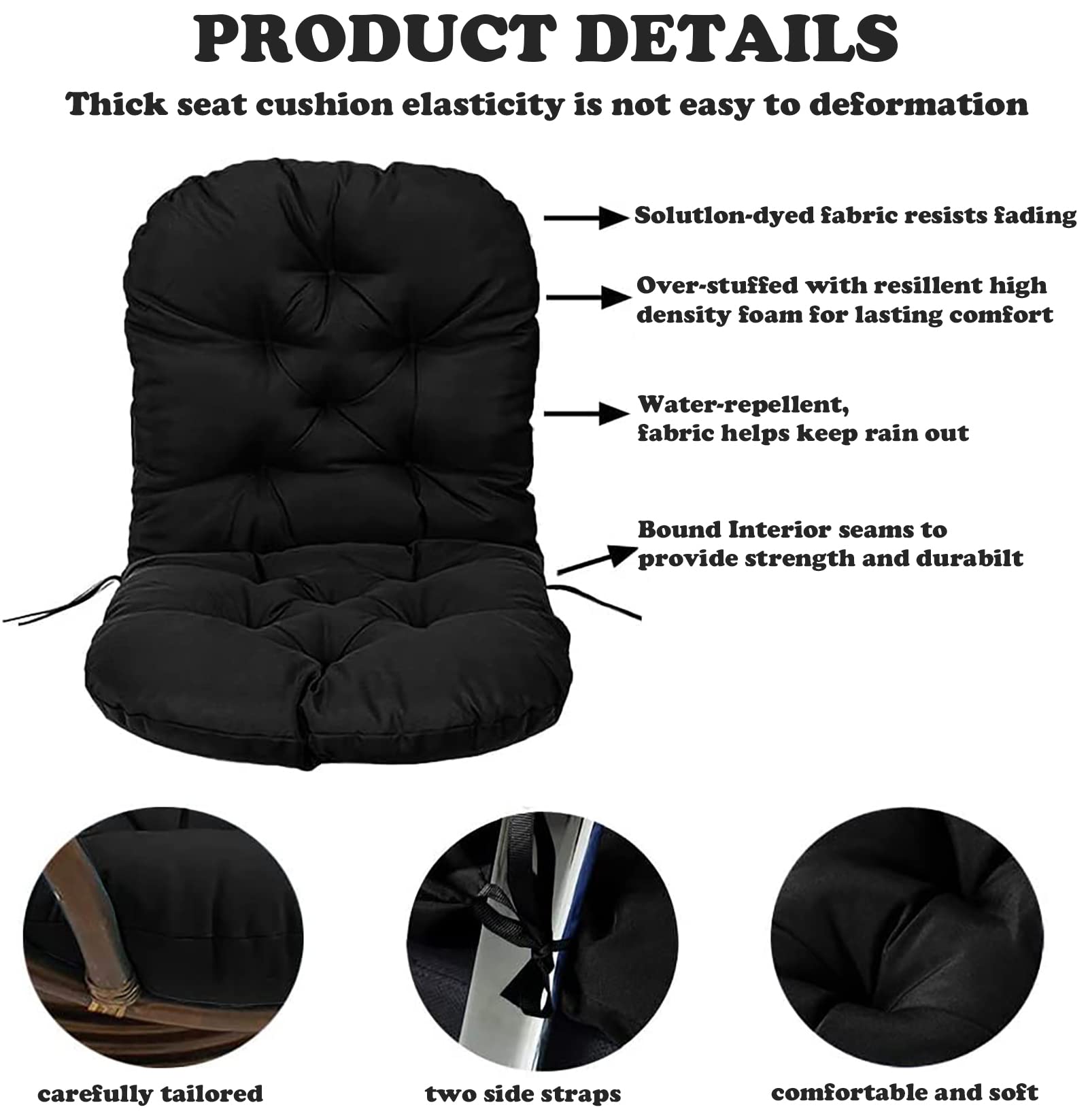 Juego de cojines giratorios de ratán para silla mecedora de exterior, cojín de asiento de sarga suave y grueso para repuesto lavable para muebles de jardín (color negro)