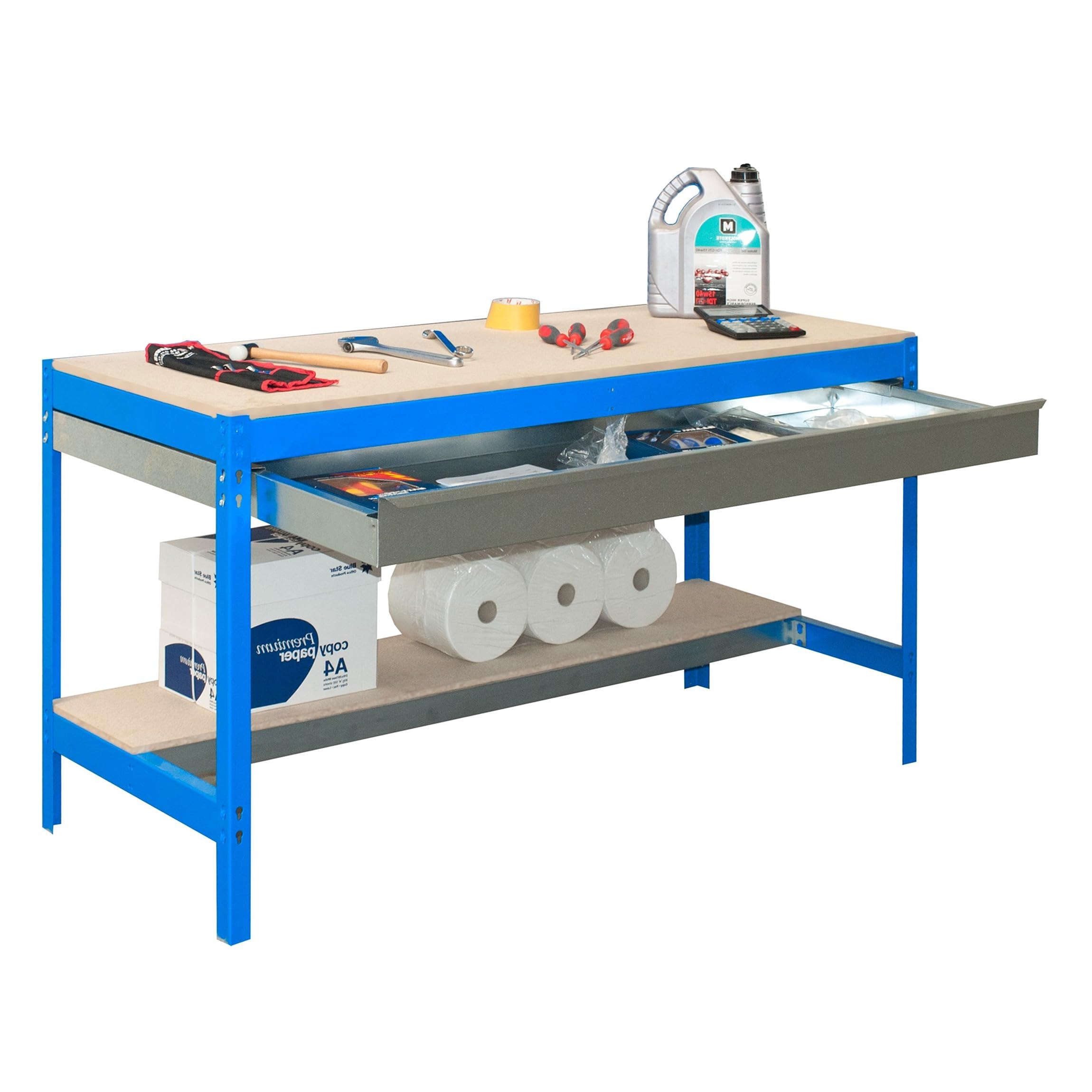 SimonRack Etabli d’Atelier, Capacité de Charge 600 kg, 842x1210x760 mm, Étagère Tiroir de Rangement, Table de Travail Bricolage, Bleu/Bois - BT0