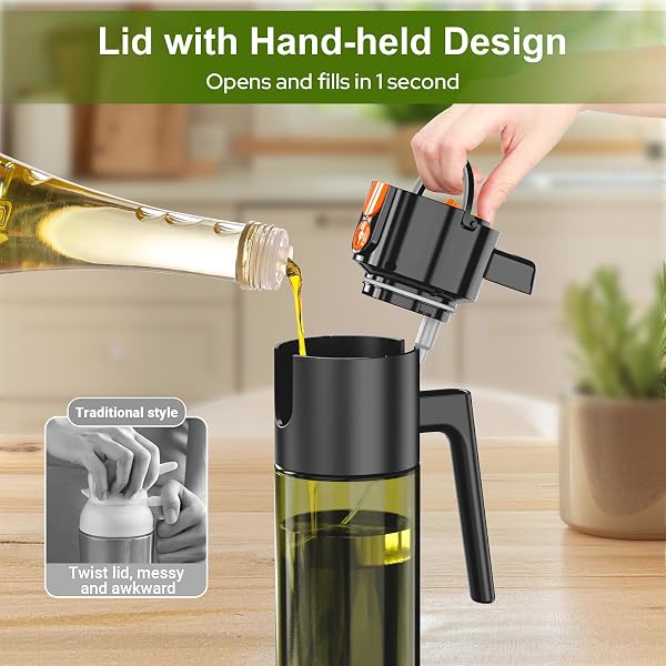 Euqvunn Spruzzino Olio 500 ml, 2-in-1 Spray & Versatore, Vetro Blocca Luce, Oliera Spray Ricaricabile per Cucina, Friggitrice ad Aria, Insalata e Grigliate, con Pennello (Nero) - 2