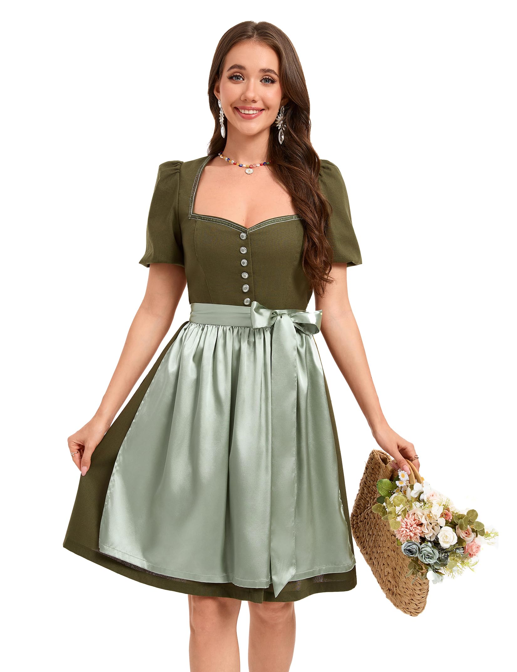 YesFashion Damen Dirndlkleid 2tlg. Elegantes Trachtenkleid mit Puffärmeln und Schürze – Midi Dirndl für Oktoberfest(Baumwolle Leinen)