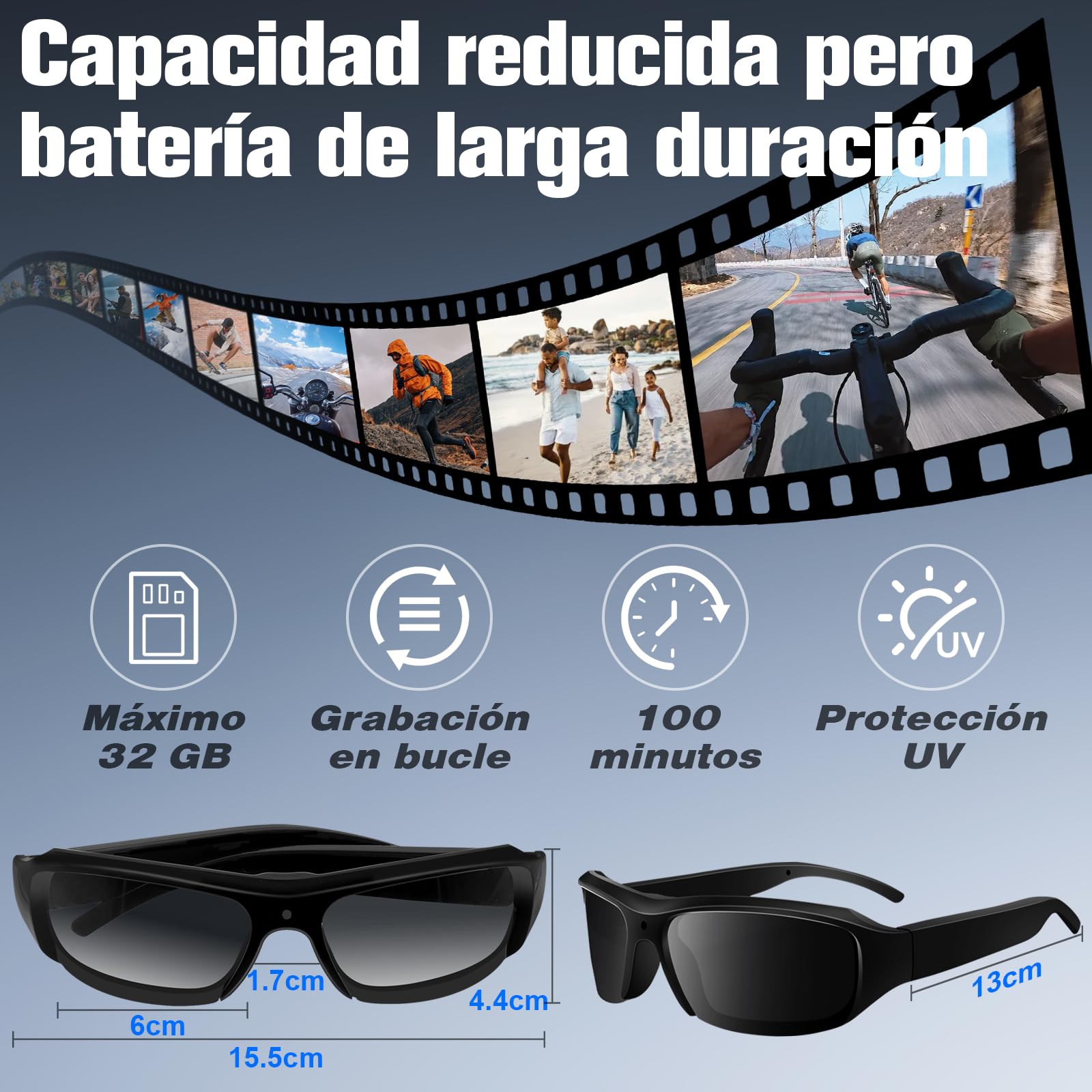 Gafas de Sol con Cámara de Acción HD1080P, Gafas Deportivas Cámara FPV, 100 Minutos de Duración, Tarjeta MicroSD 16GB, Senderismo, Camping, Pesca y Actividades Outdoor